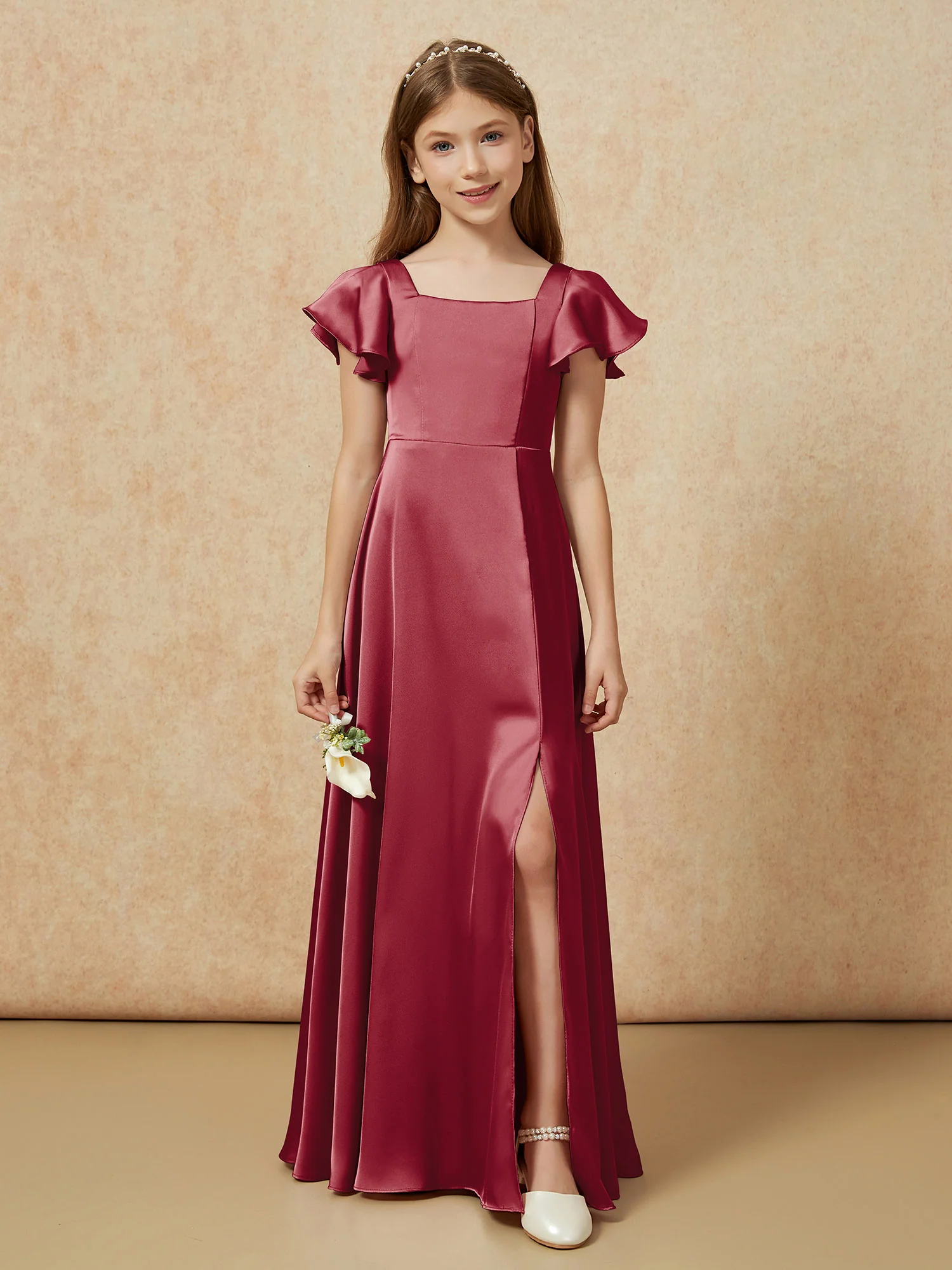 Square Neck Long Satin Junior Bridesmaid Dress Burgundy