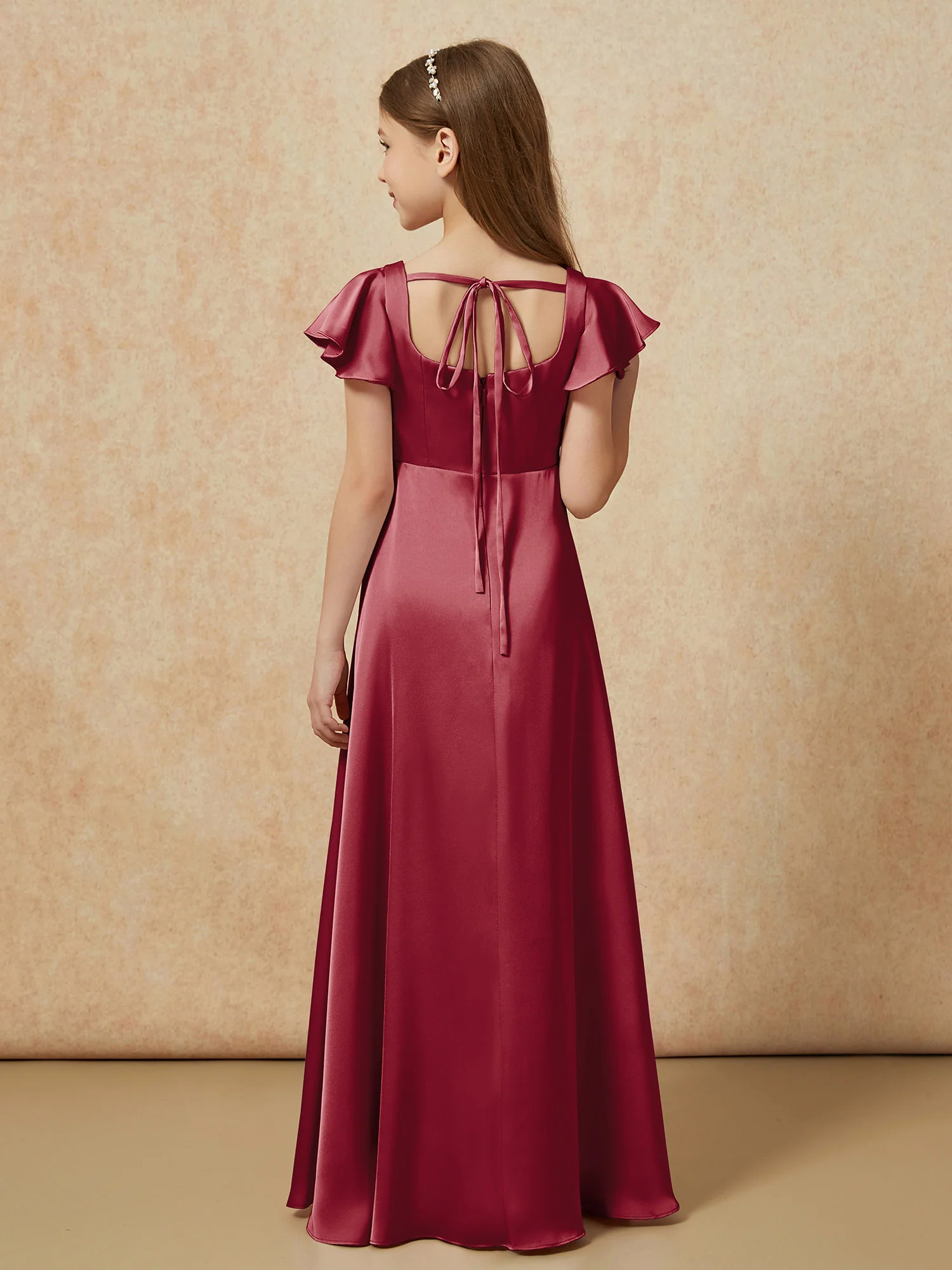 Square Neck Long Satin Junior Bridesmaid Dress Burgundy - Image 2