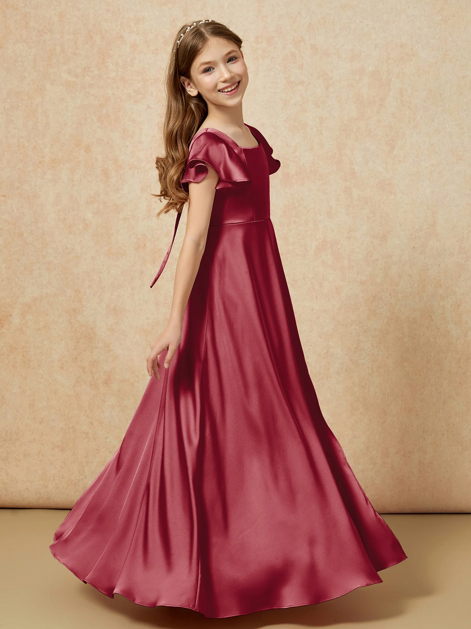 Square Neck Long Satin Junior Bridesmaid Dress Burgundy - Image 3