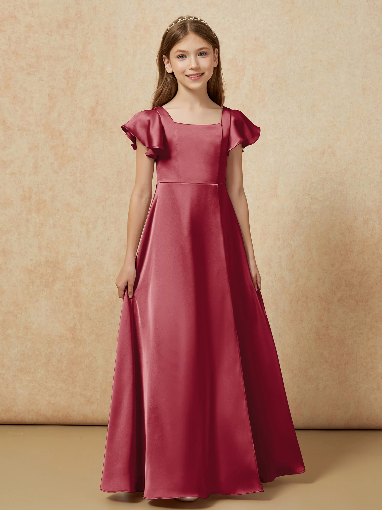 Square Neck Long Satin Junior Bridesmaid Dress Burgundy - Image 4