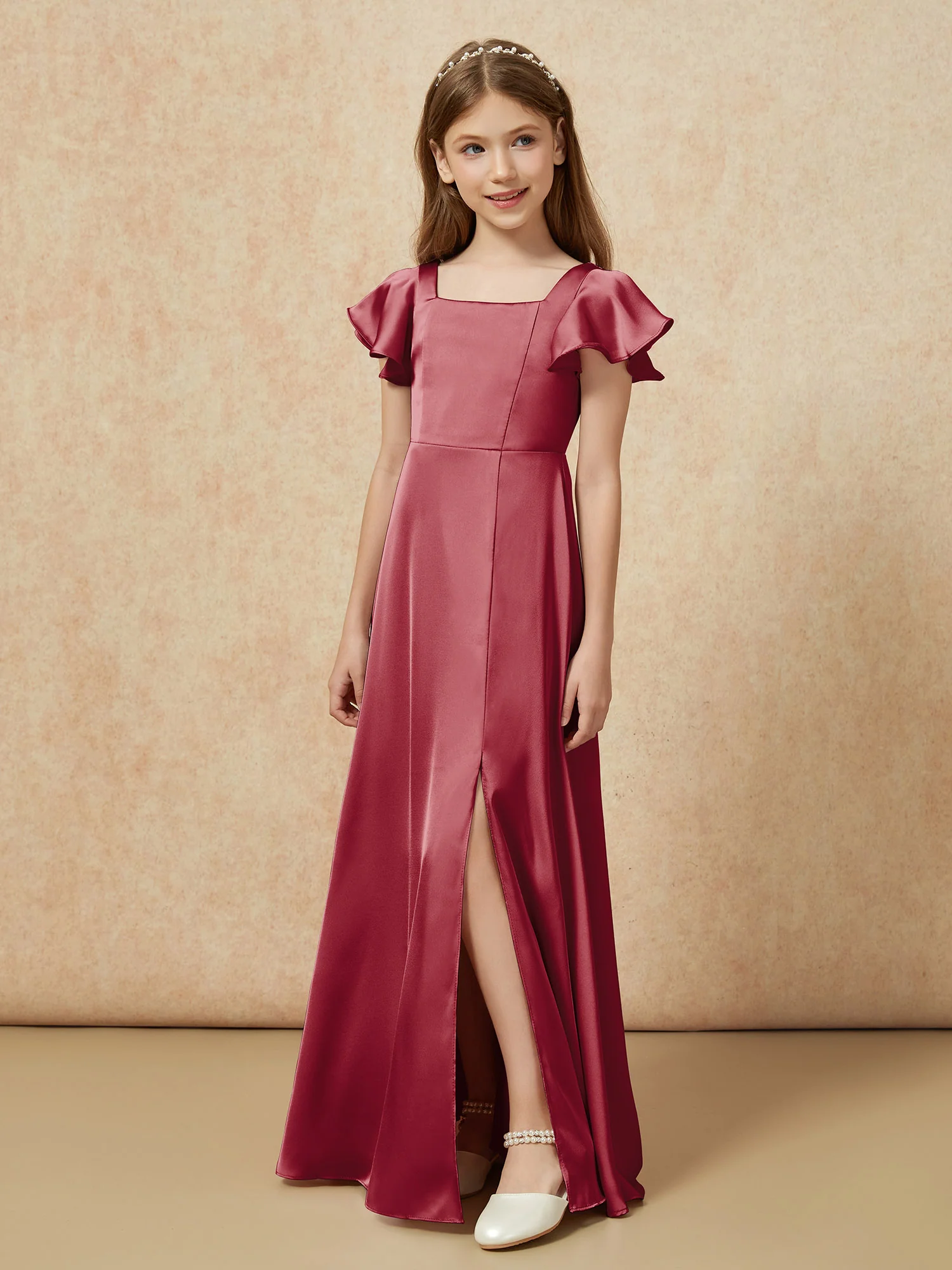 Square Neck Long Satin Junior Bridesmaid Dress Burgundy - Image 5