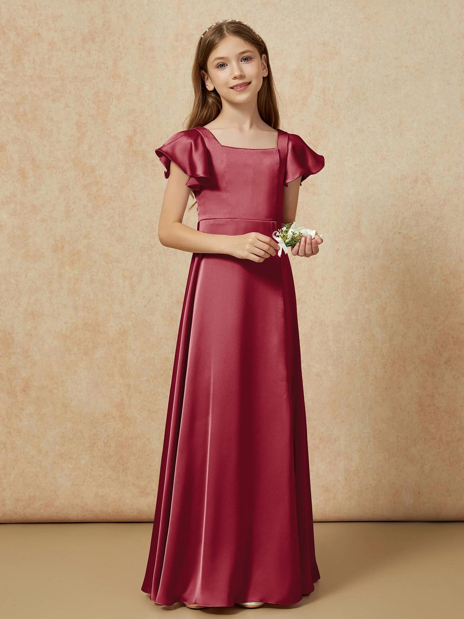Square Neck Long Satin Junior Bridesmaid Dress Burgundy - Image 6