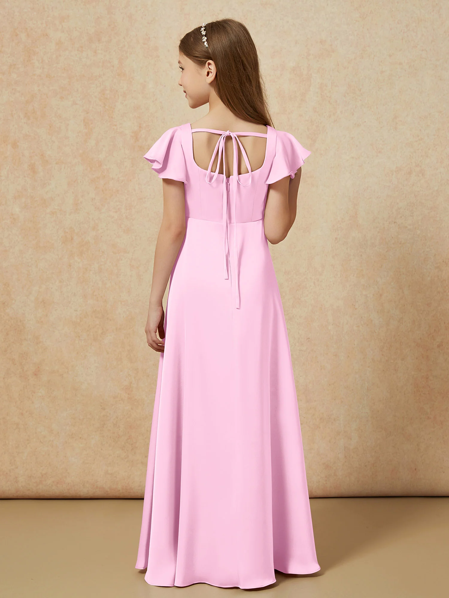 Square Neck Long Satin Junior Bridesmaid Dress Candy Pink - Image 2