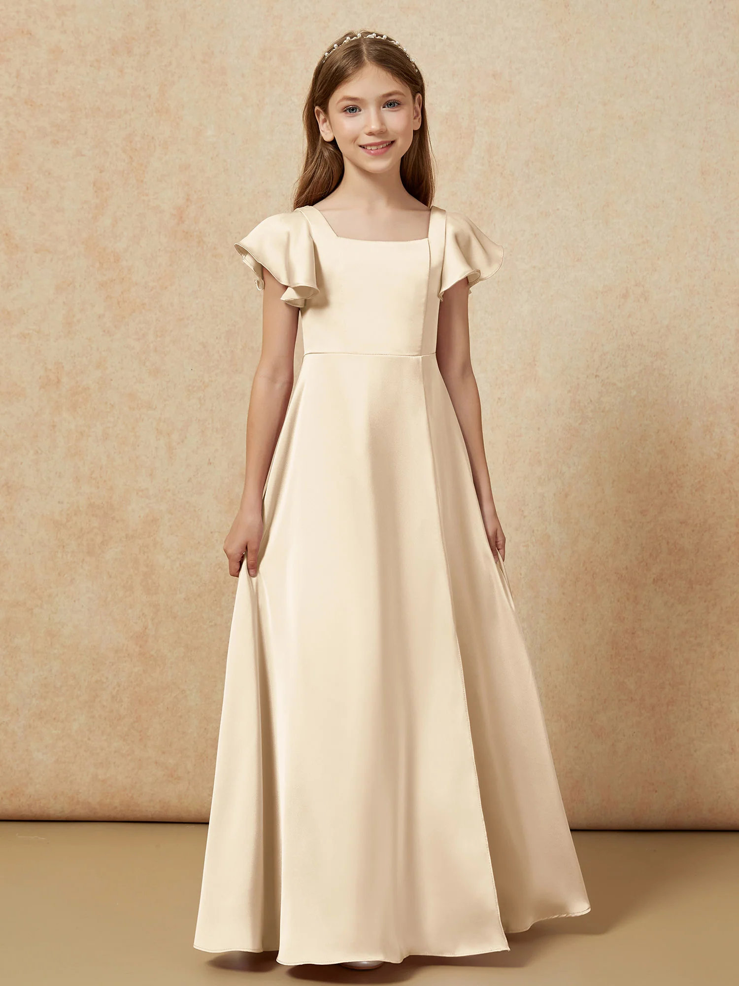 Square Neck Long Satin Junior Bridesmaid Dress Champagne - Image 4