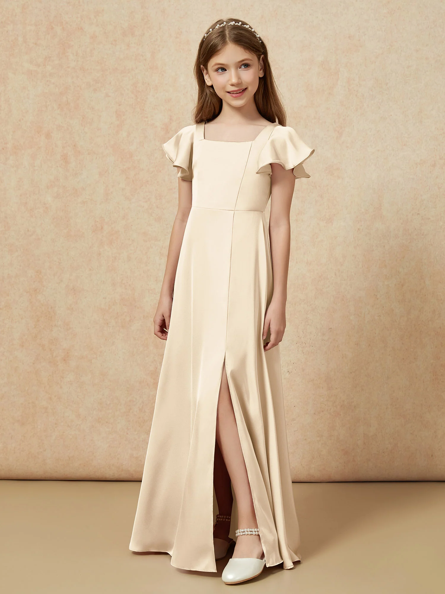 Square Neck Long Satin Junior Bridesmaid Dress Champagne - Image 5