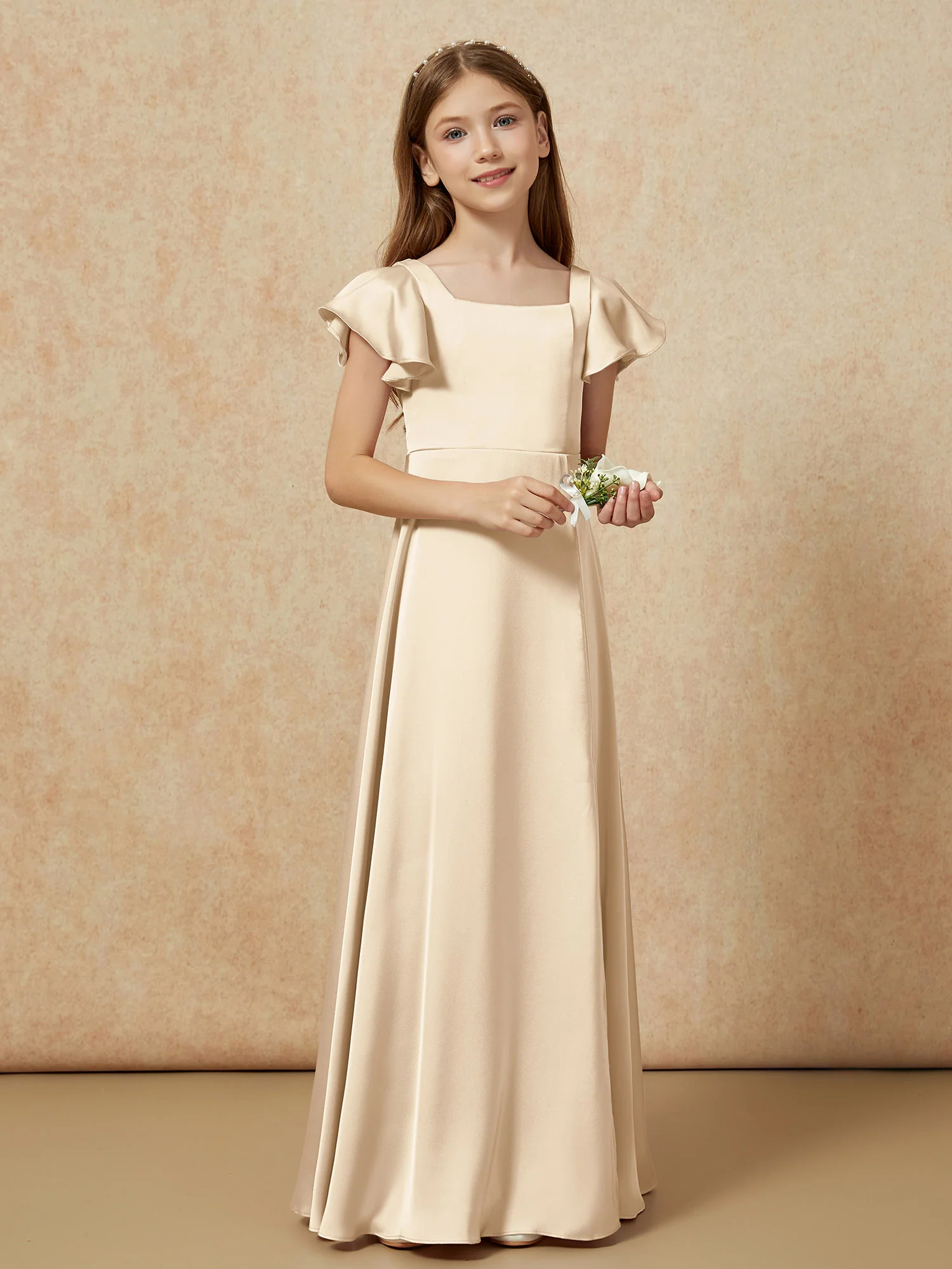 Square Neck Long Satin Junior Bridesmaid Dress Champagne - Image 6