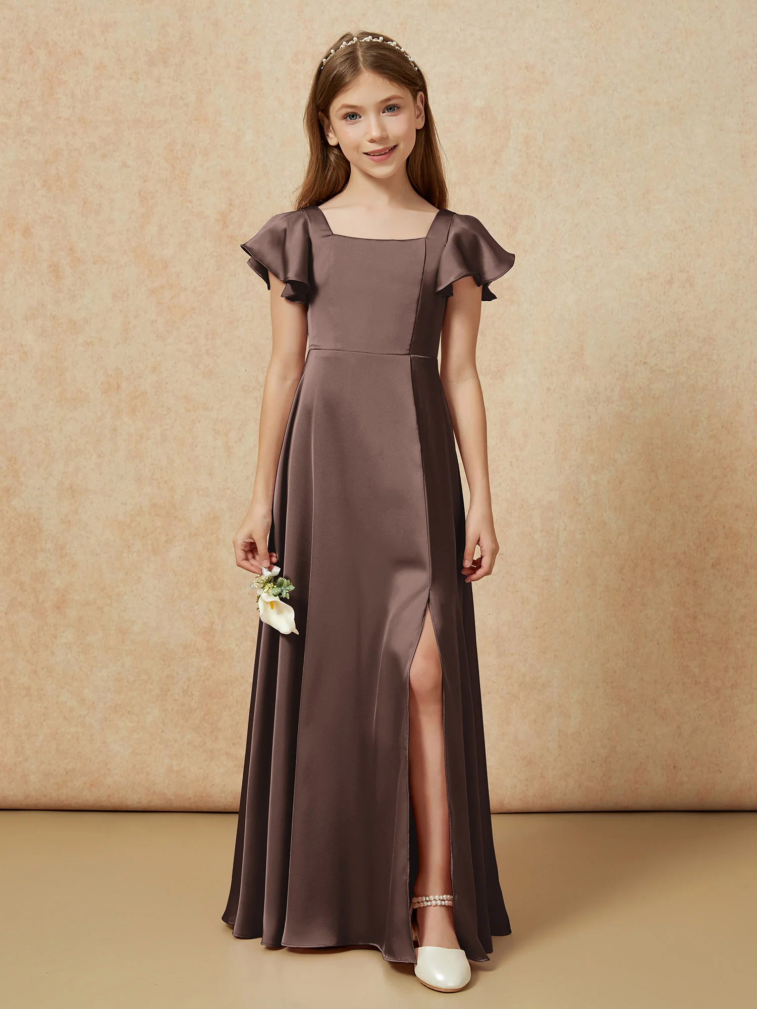 Square Neck Long Satin Junior Bridesmaid Dress Chocolate