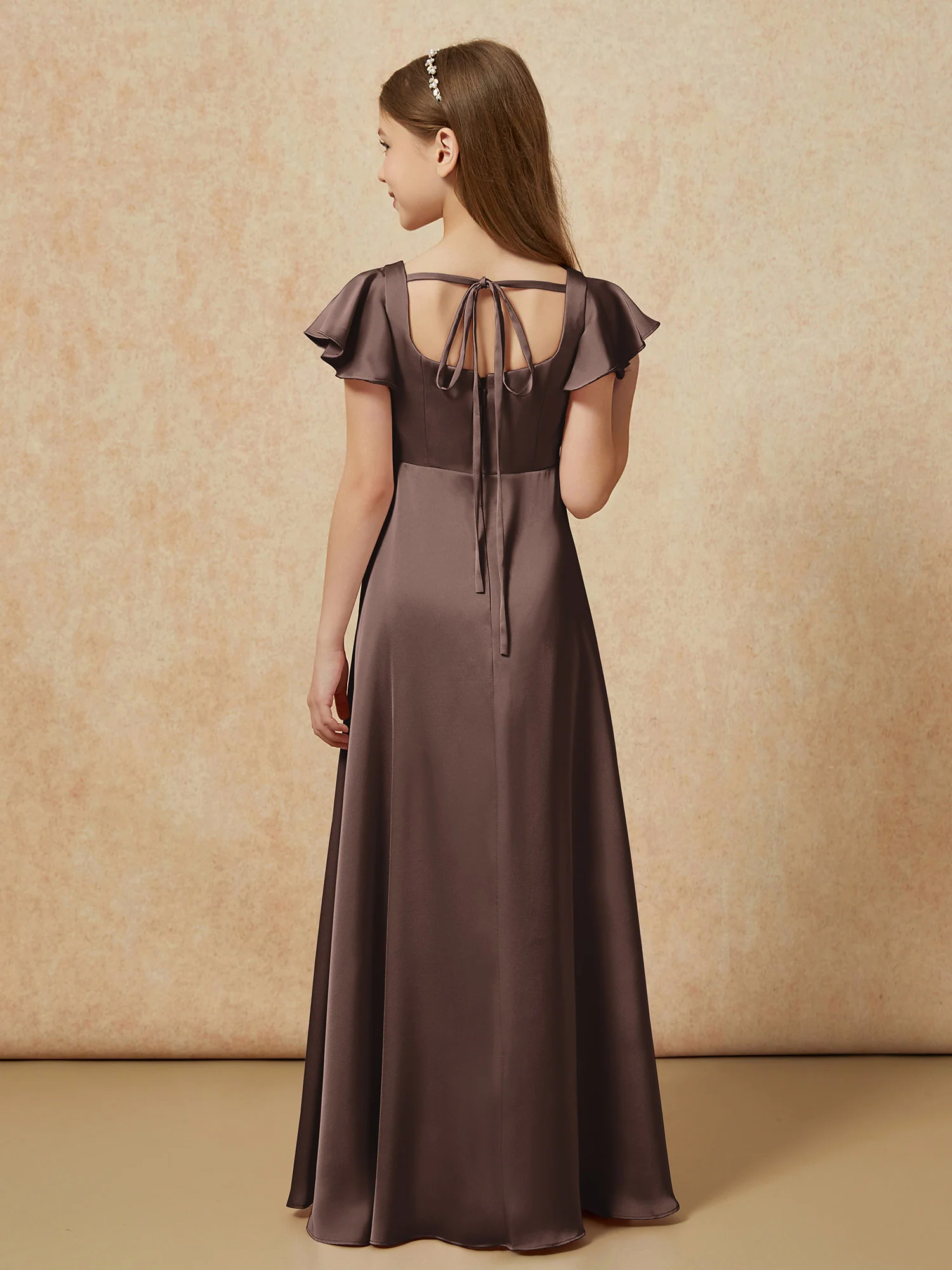 Square Neck Long Satin Junior Bridesmaid Dress Chocolate - Image 2