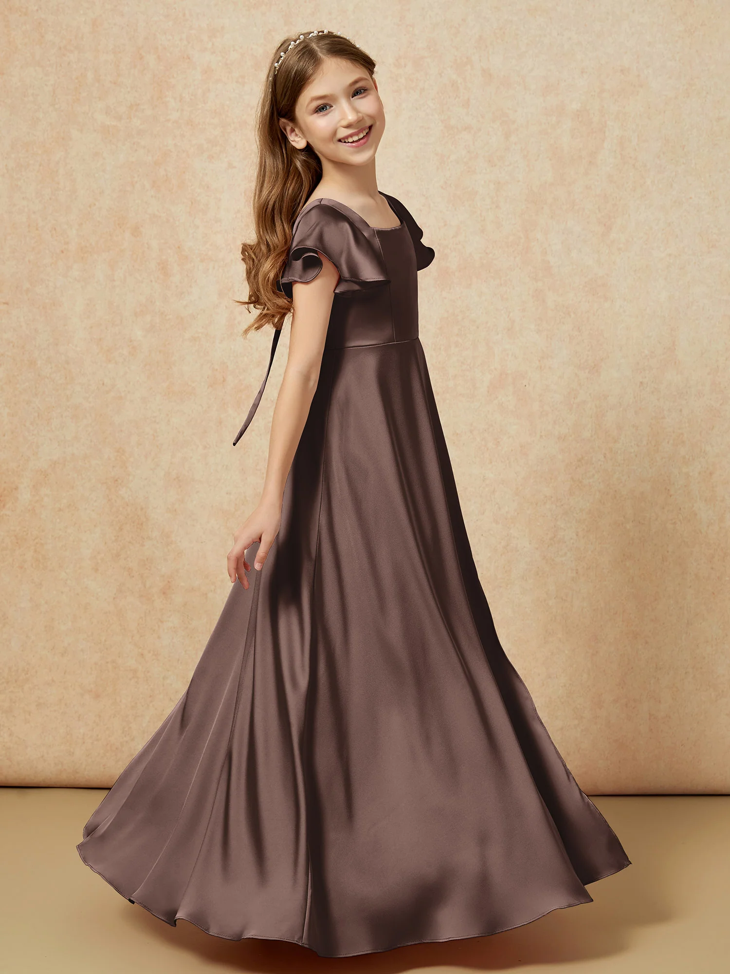 Square Neck Long Satin Junior Bridesmaid Dress Chocolate - Image 3