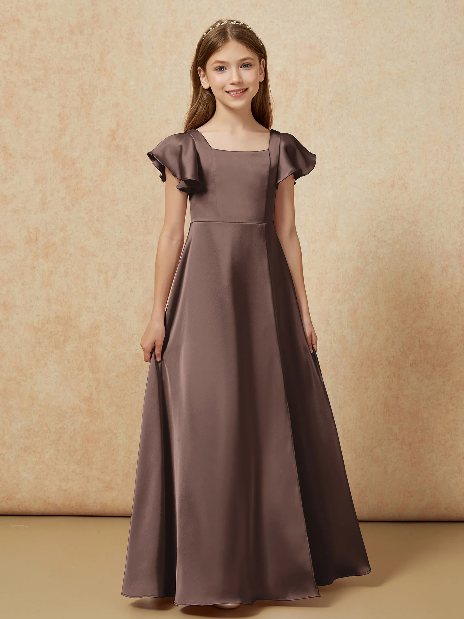 Square Neck Long Satin Junior Bridesmaid Dress Chocolate - Image 4