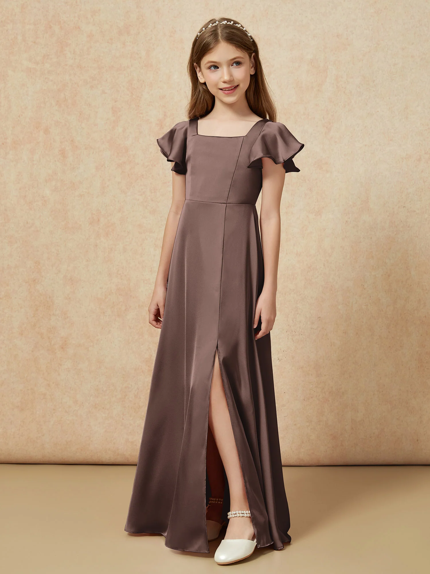 Square Neck Long Satin Junior Bridesmaid Dress Chocolate - Image 5