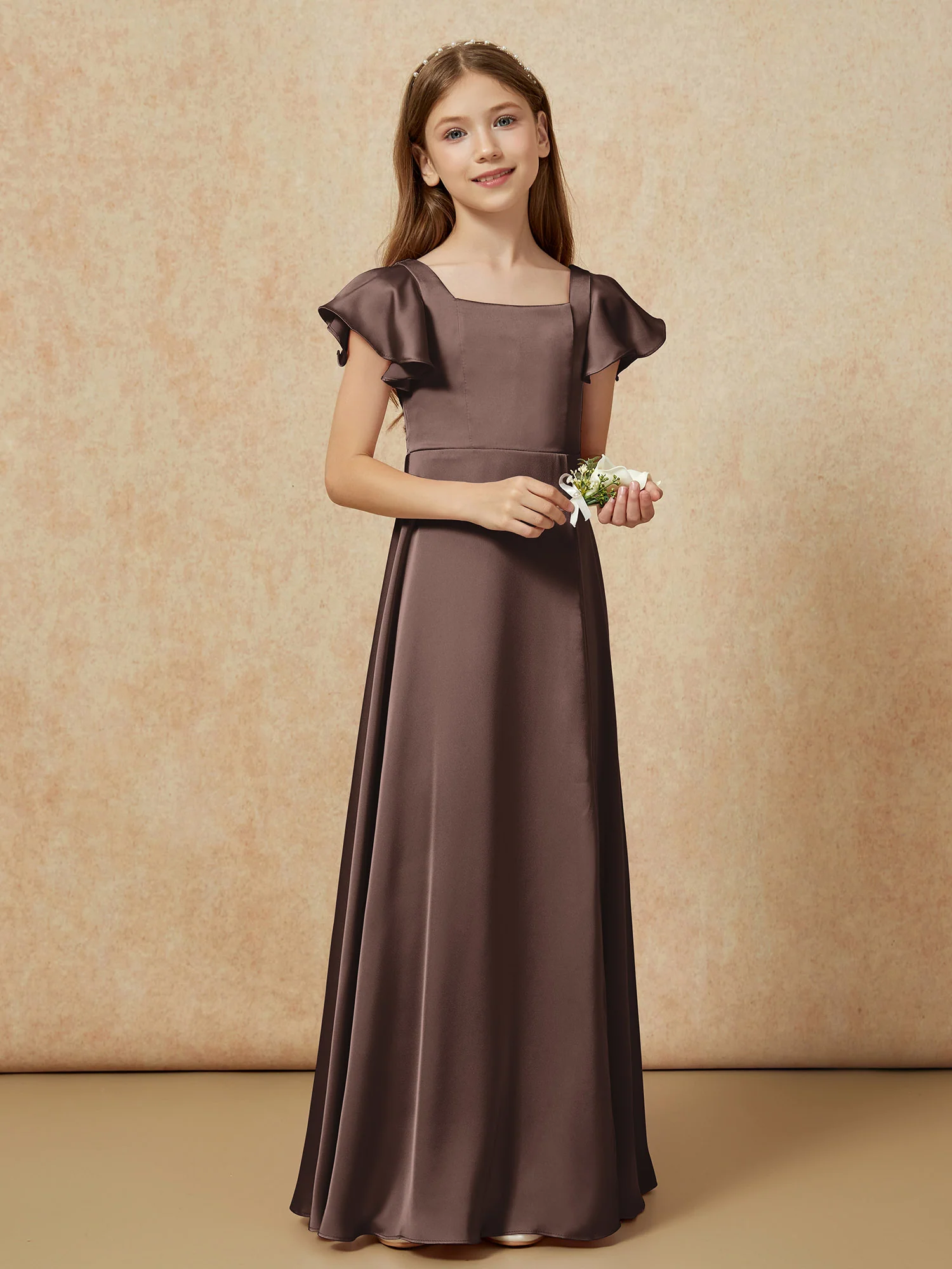 Square Neck Long Satin Junior Bridesmaid Dress Chocolate - Image 6