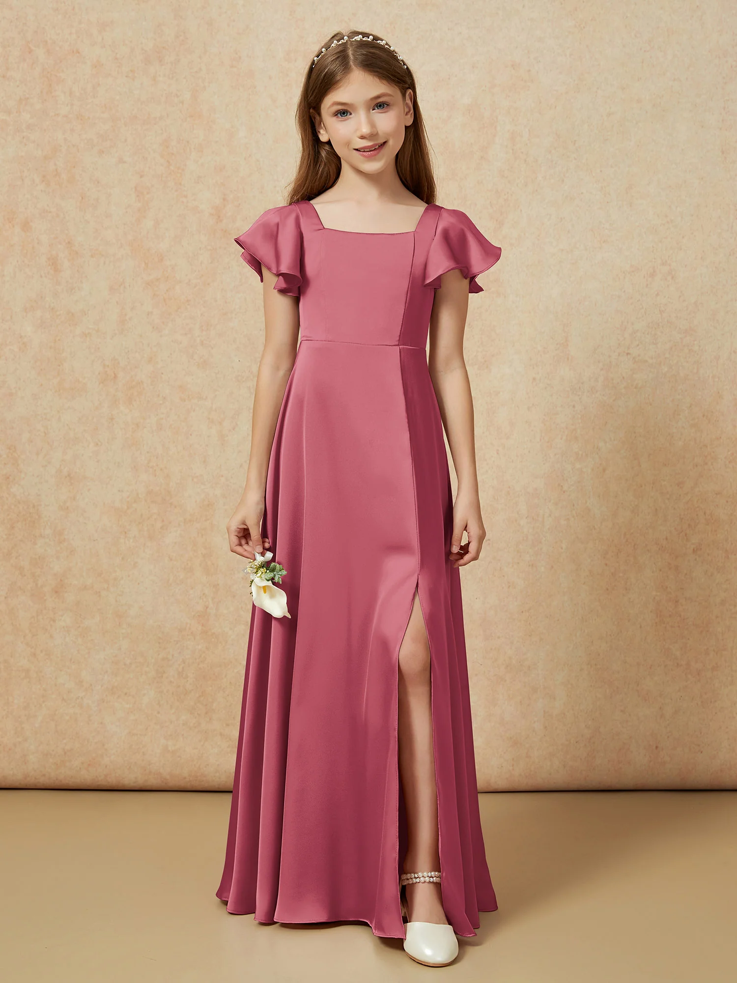 Square Neck Long Satin Junior Bridesmaid Dress Cinnamon Rose