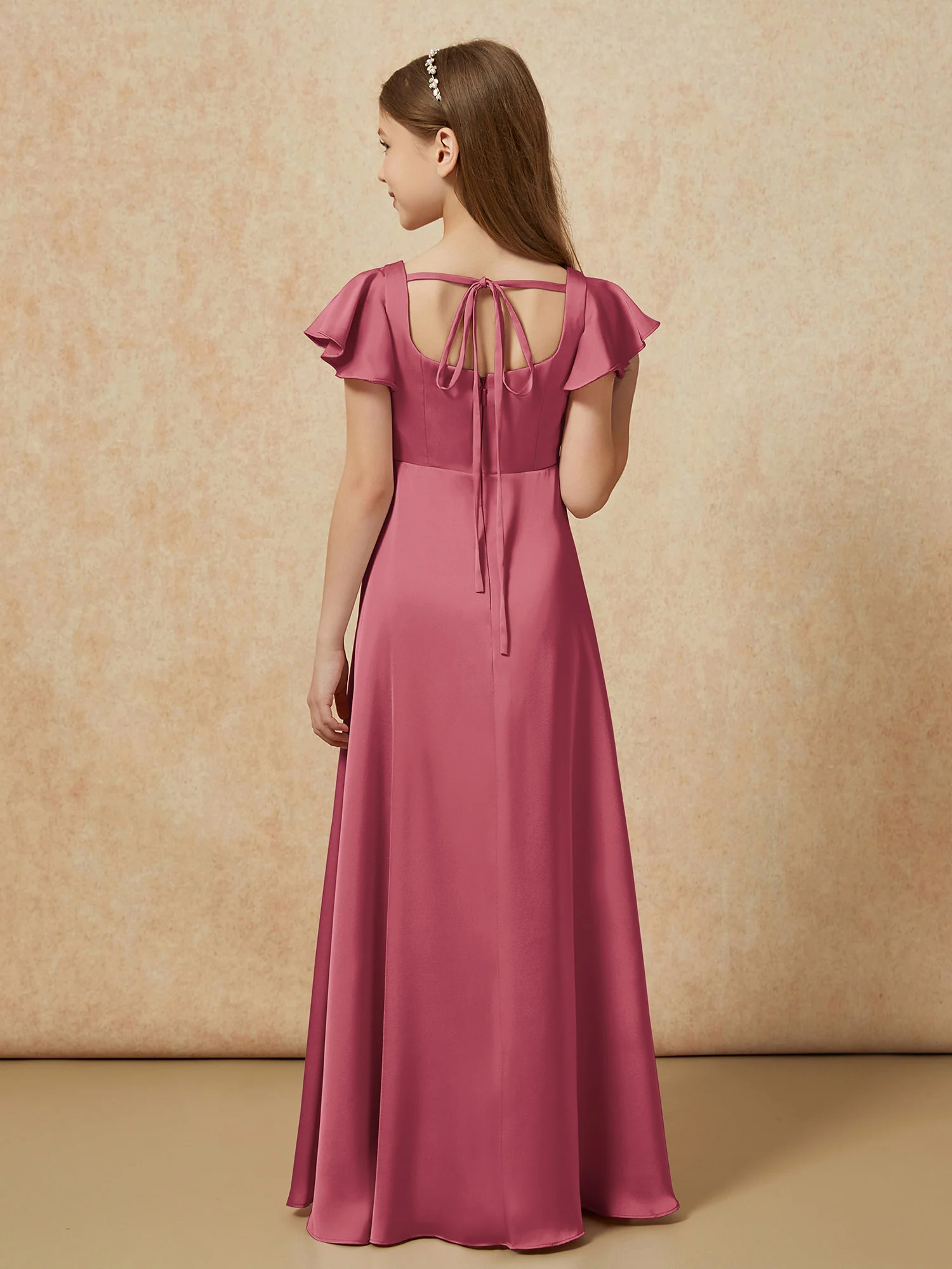 Square Neck Long Satin Junior Bridesmaid Dress Cinnamon Rose - Image 2