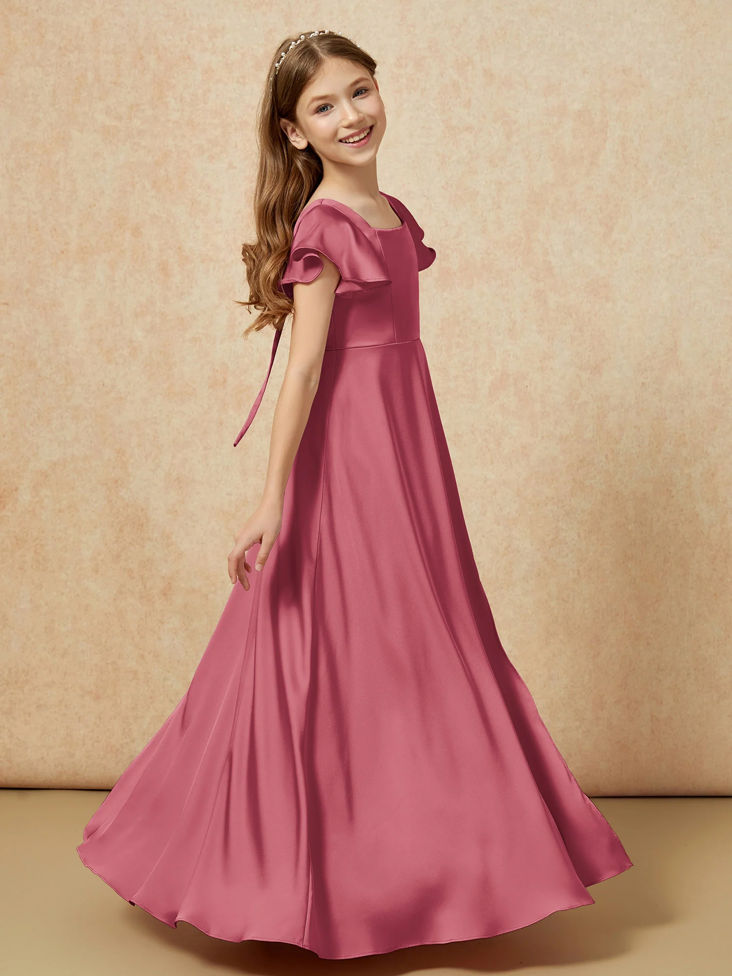 Square Neck Long Satin Junior Bridesmaid Dress Cinnamon Rose - Image 3