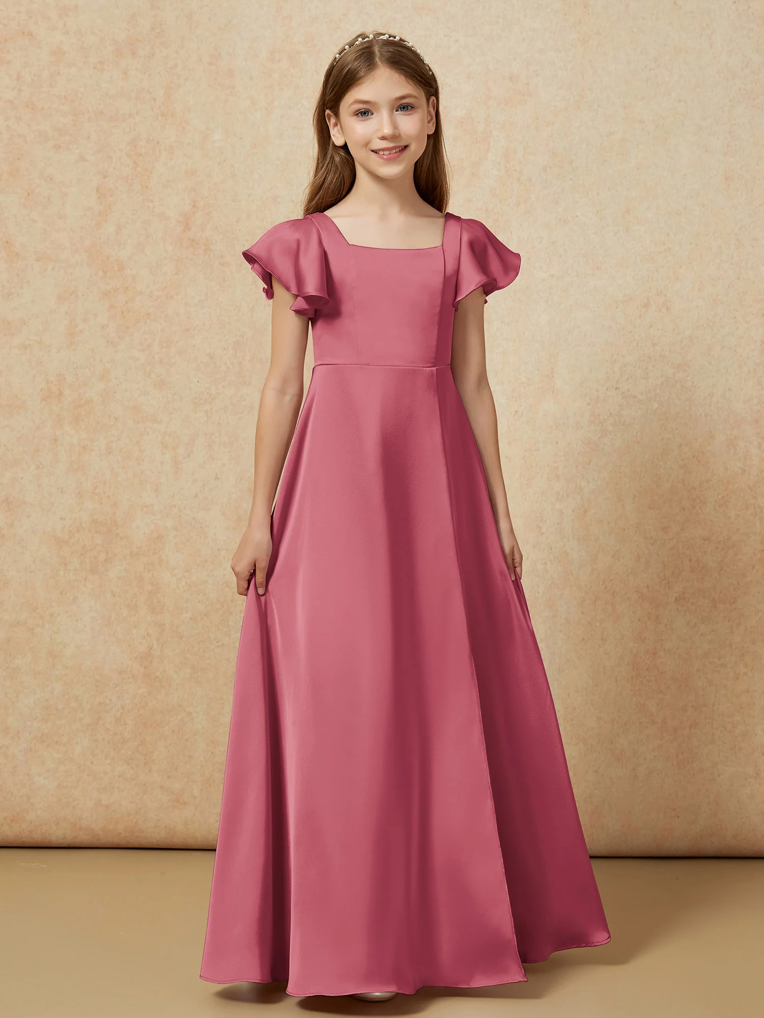 Square Neck Long Satin Junior Bridesmaid Dress Cinnamon Rose - Image 4