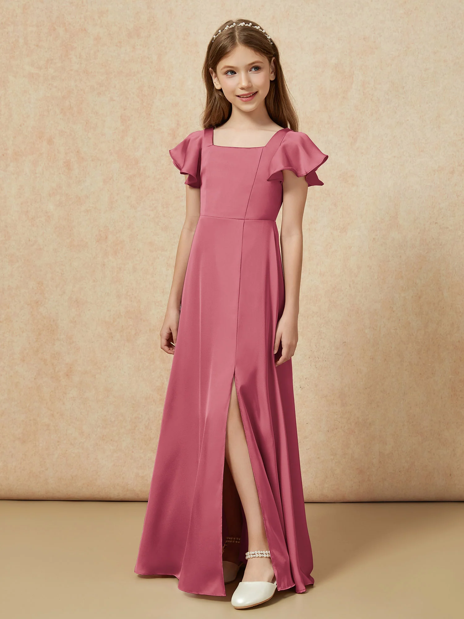 Square Neck Long Satin Junior Bridesmaid Dress Cinnamon Rose - Image 5