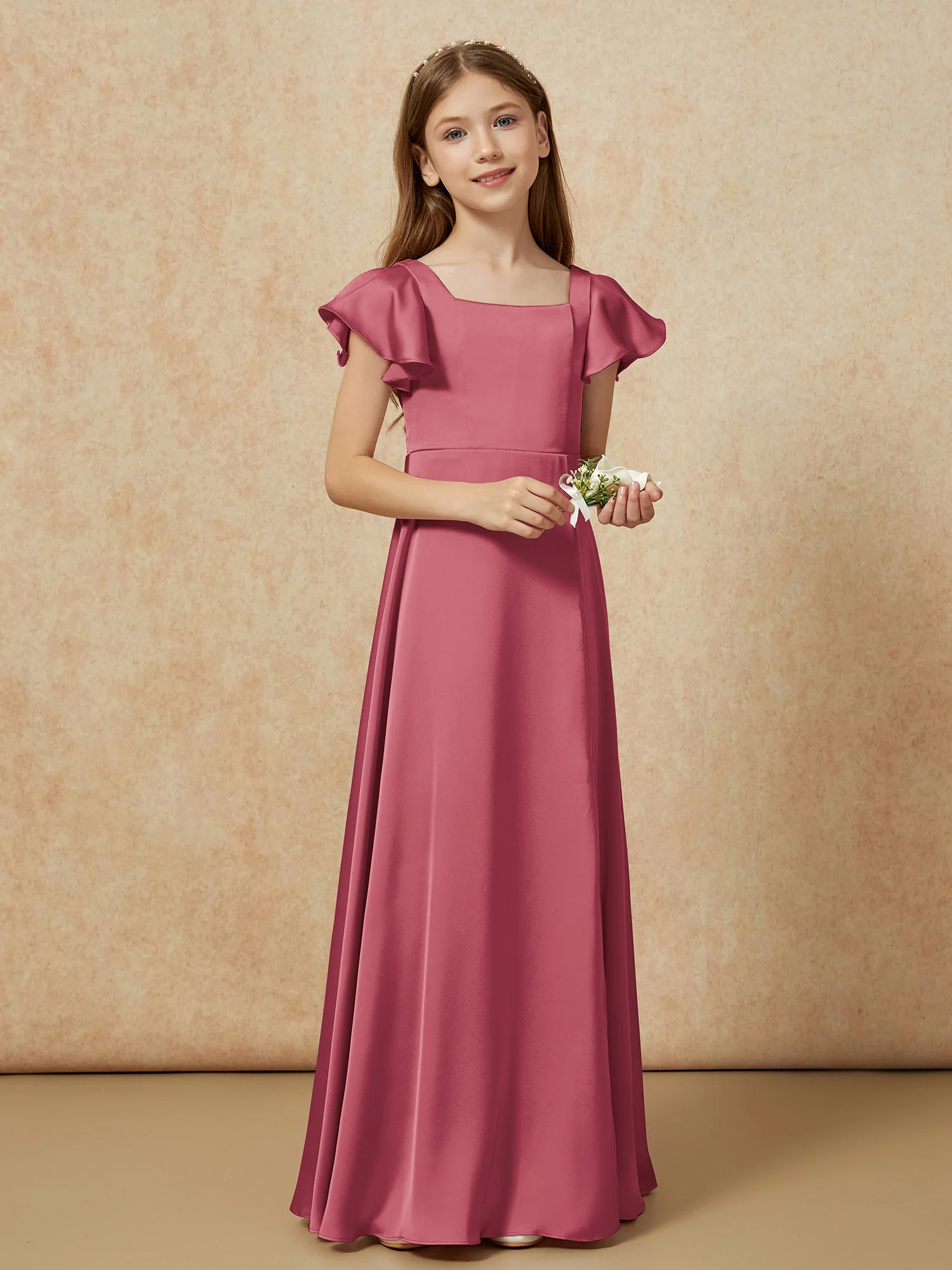 Square Neck Long Satin Junior Bridesmaid Dress Cinnamon Rose - Image 6