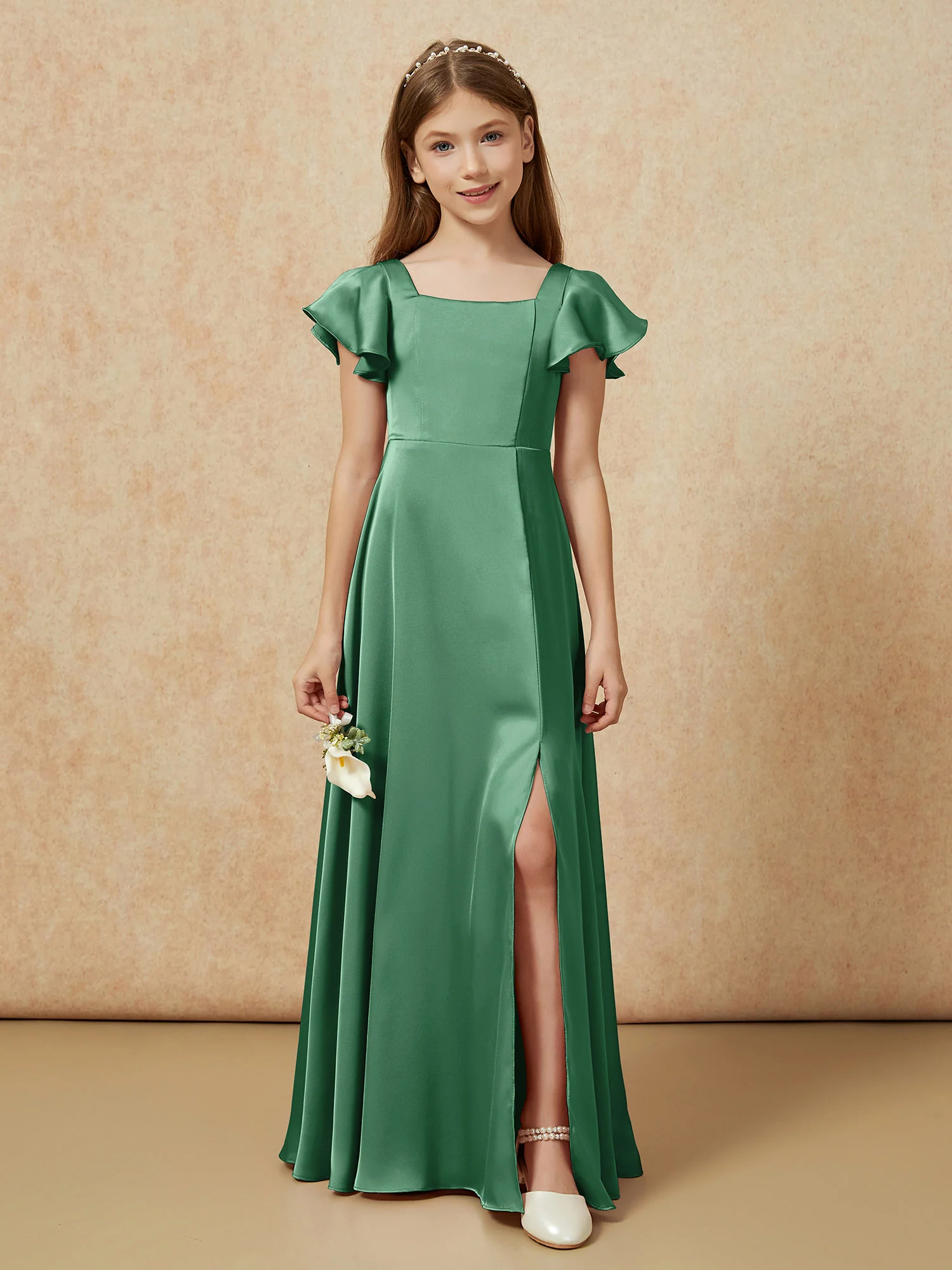 Square Neck Long Satin Junior Bridesmaid Dress Dark Green