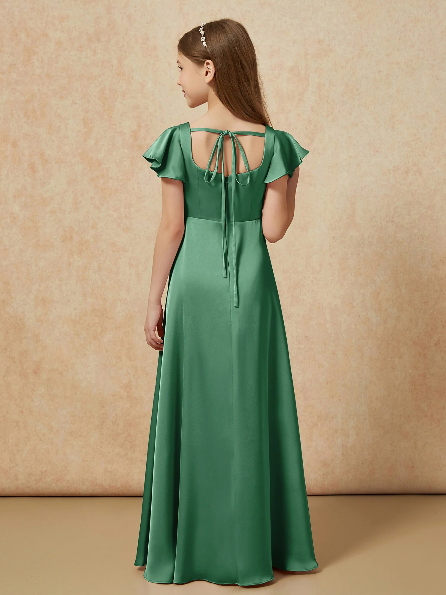 Square Neck Long Satin Junior Bridesmaid Dress Dark Green - Image 2