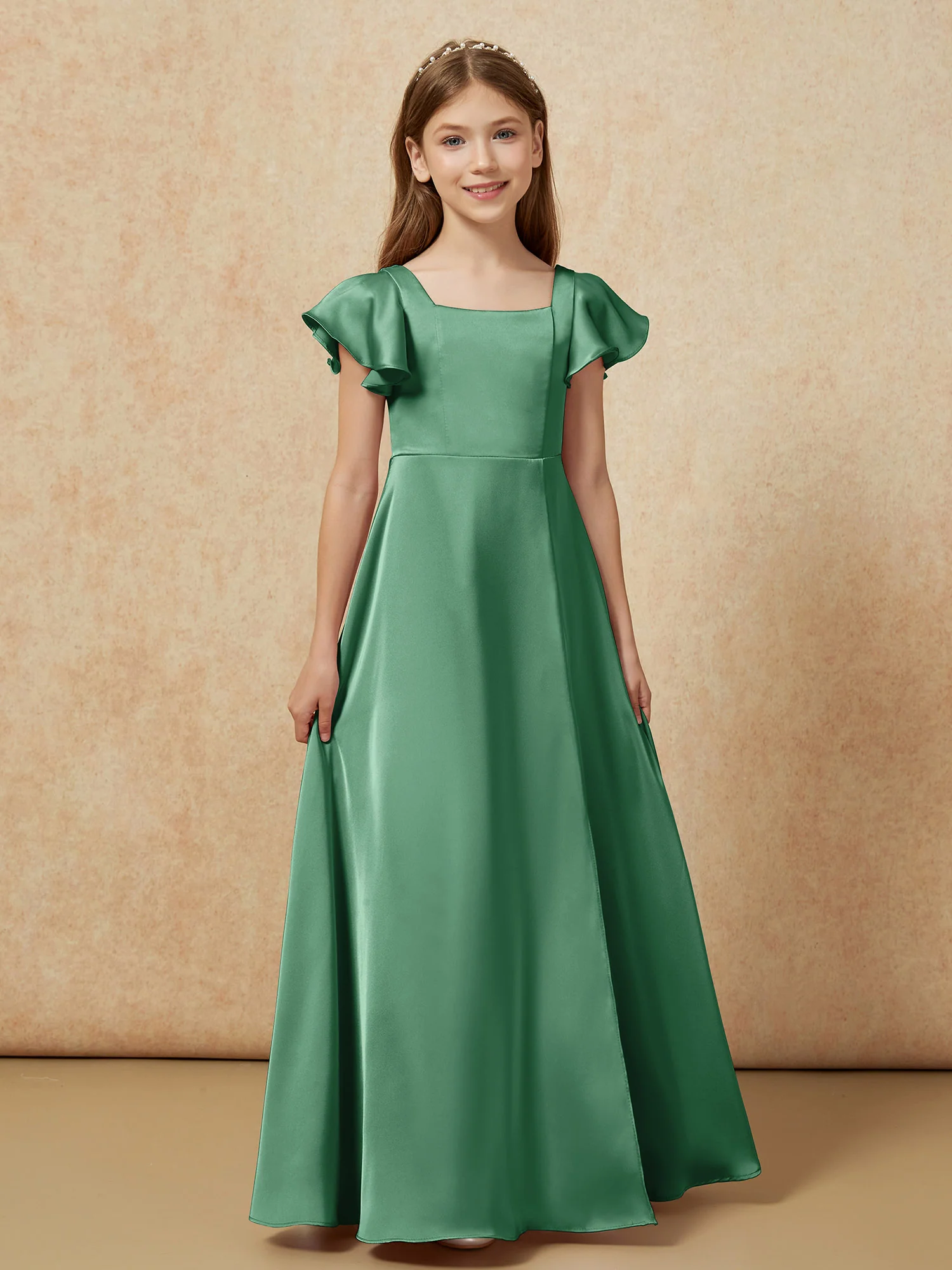 Square Neck Long Satin Junior Bridesmaid Dress Dark Green - Image 4