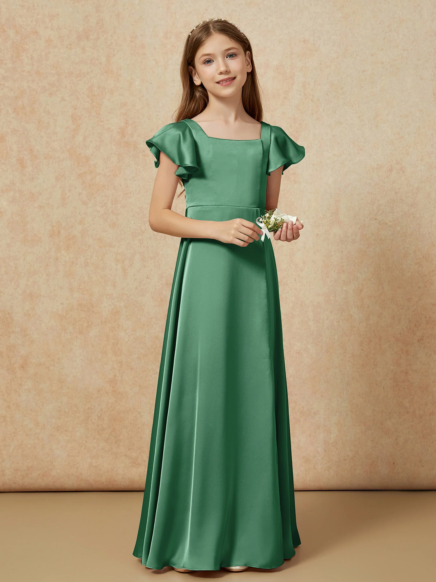 Square Neck Long Satin Junior Bridesmaid Dress Dark Green - Image 6