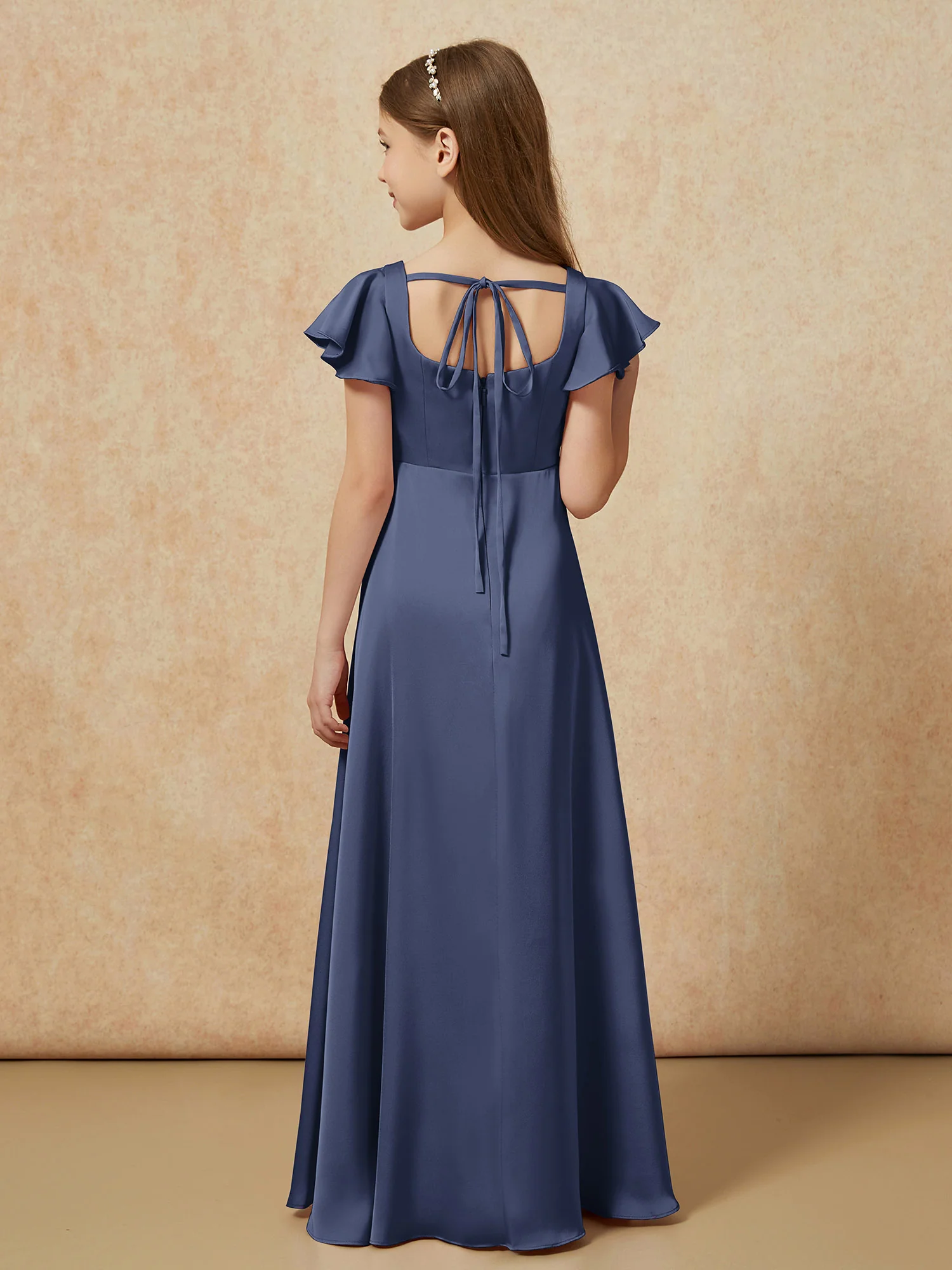 Square Neck Long Satin Junior Bridesmaid Dress Dark Navy - Image 2
