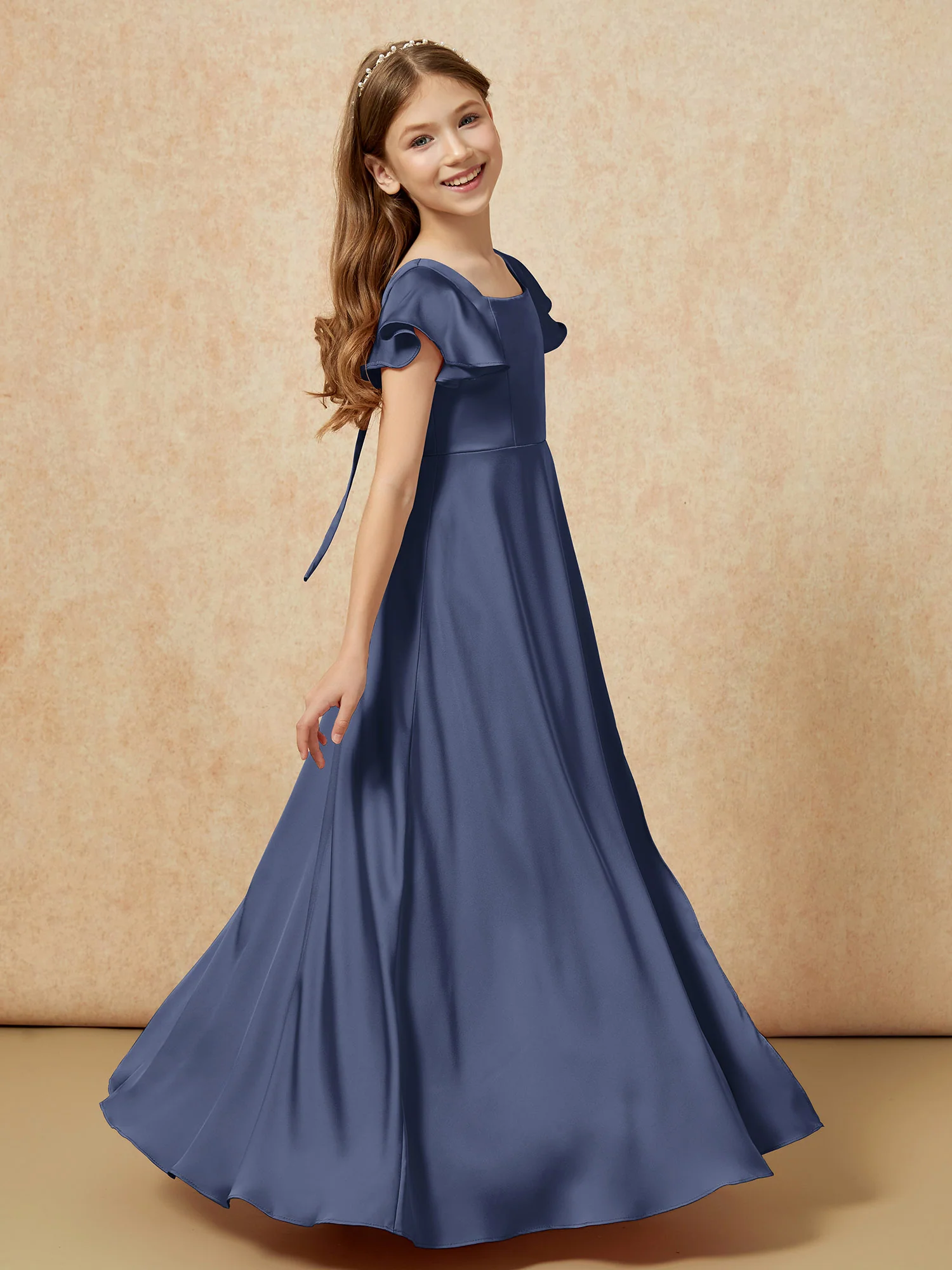 Square Neck Long Satin Junior Bridesmaid Dress Dark Navy - Image 3