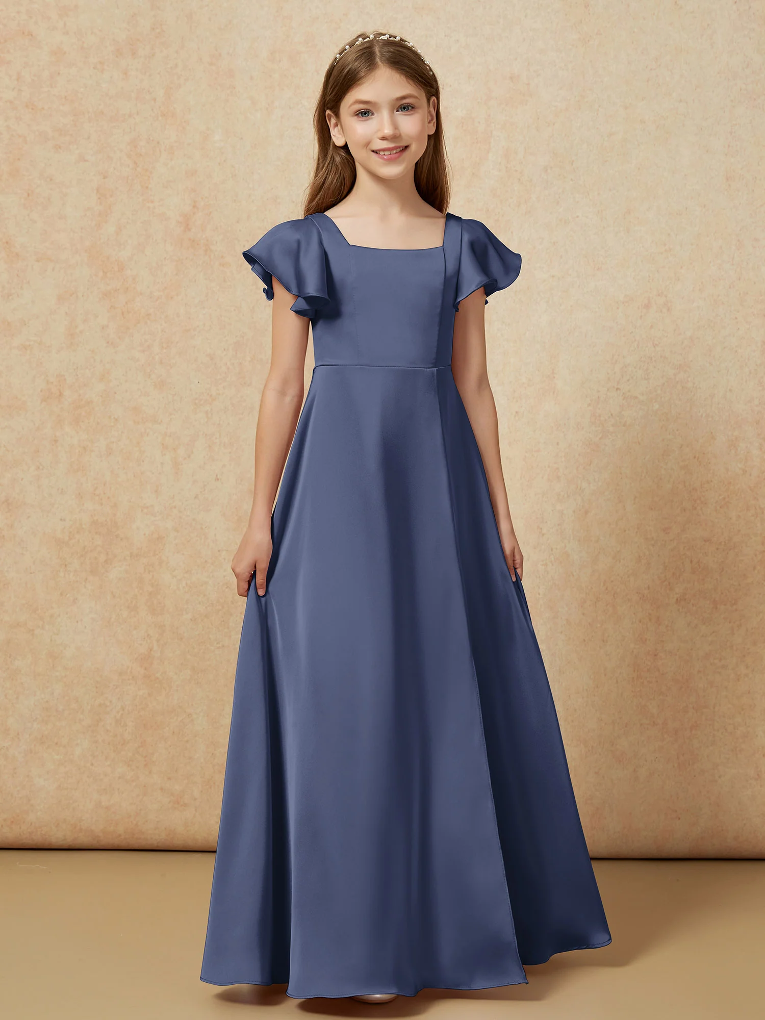 Square Neck Long Satin Junior Bridesmaid Dress Dark Navy - Image 4