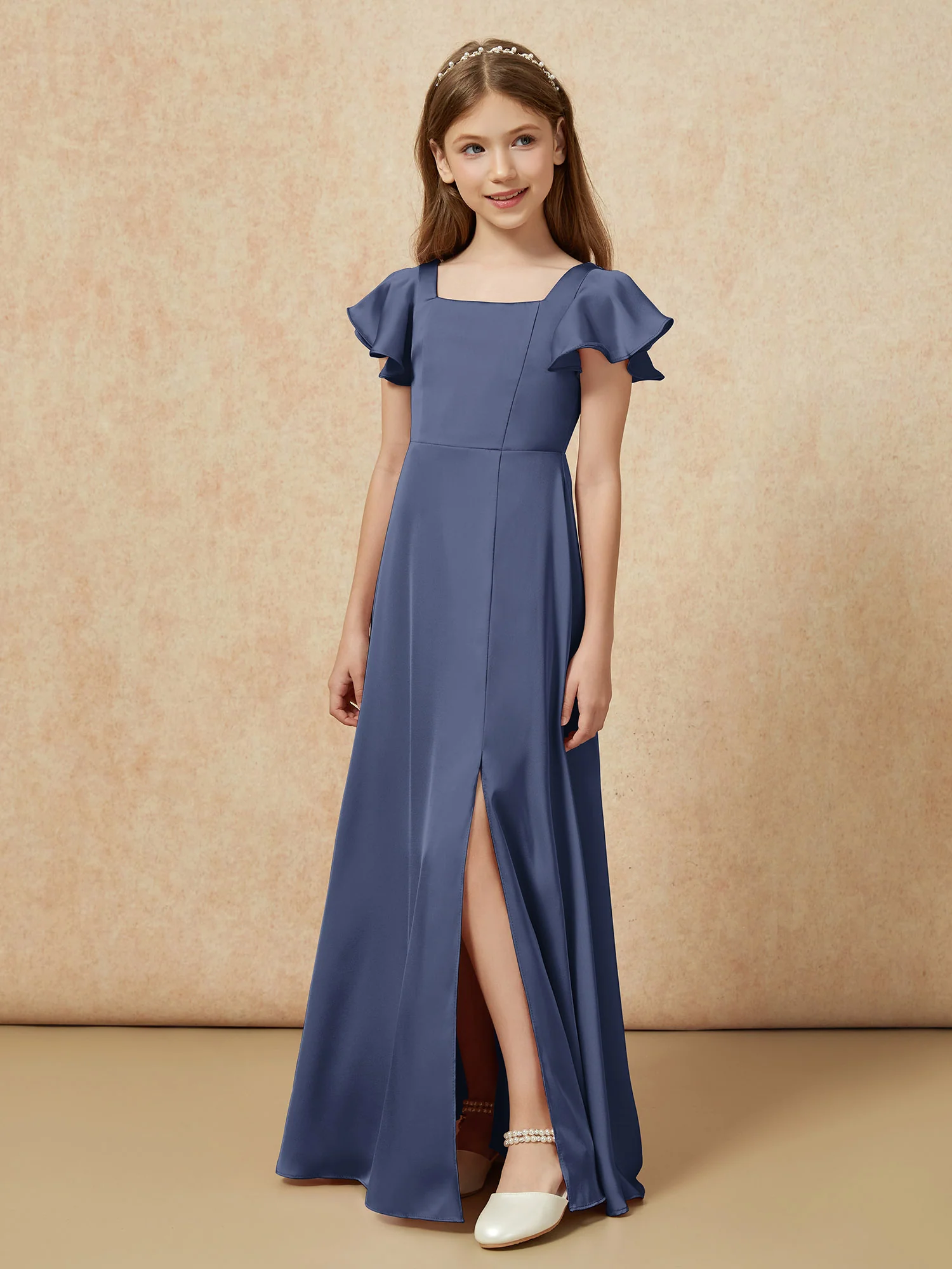 Square Neck Long Satin Junior Bridesmaid Dress Dark Navy - Image 5