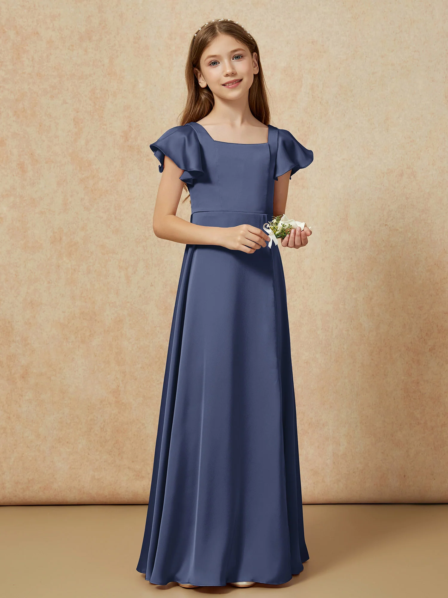 Square Neck Long Satin Junior Bridesmaid Dress Dark Navy - Image 6