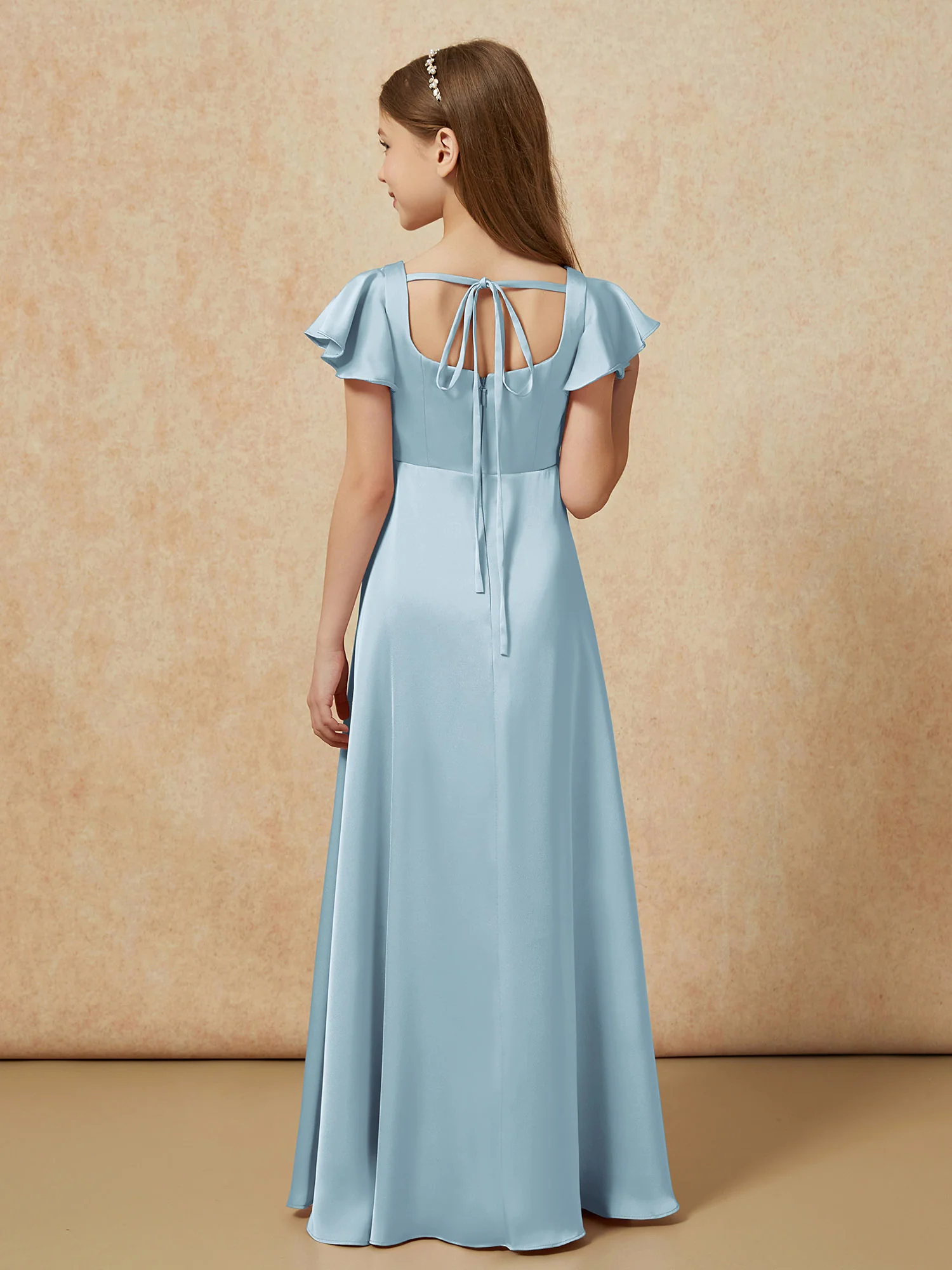 Square Neck Long Satin Junior Bridesmaid Dress Dusty Blue - Image 2