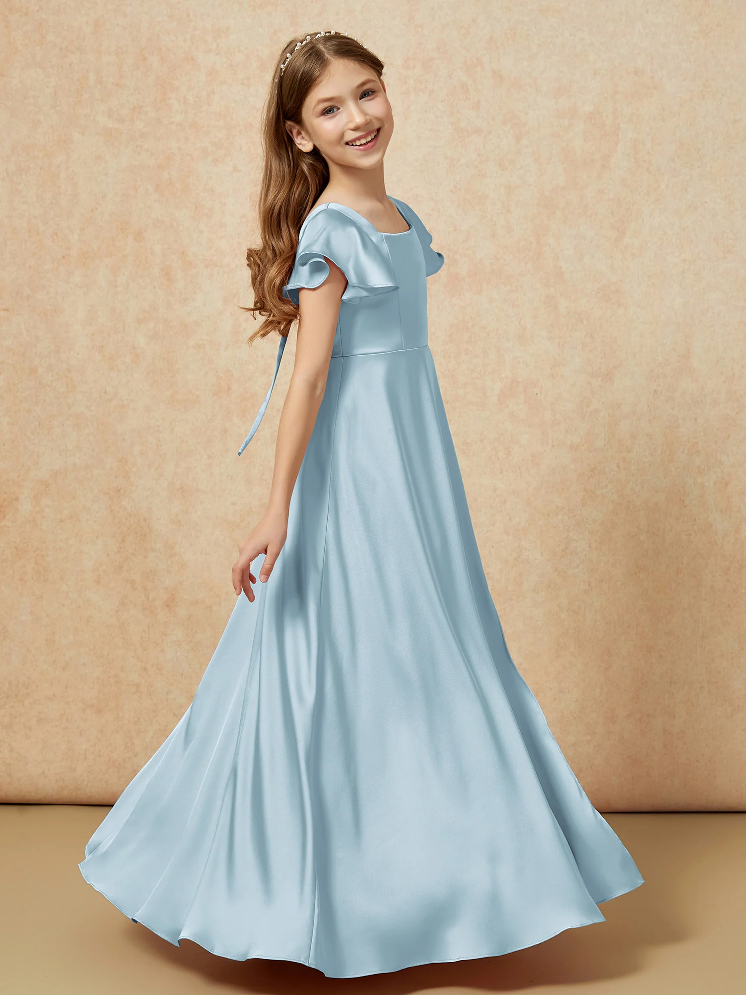 Square Neck Long Satin Junior Bridesmaid Dress Dusty Blue - Image 3