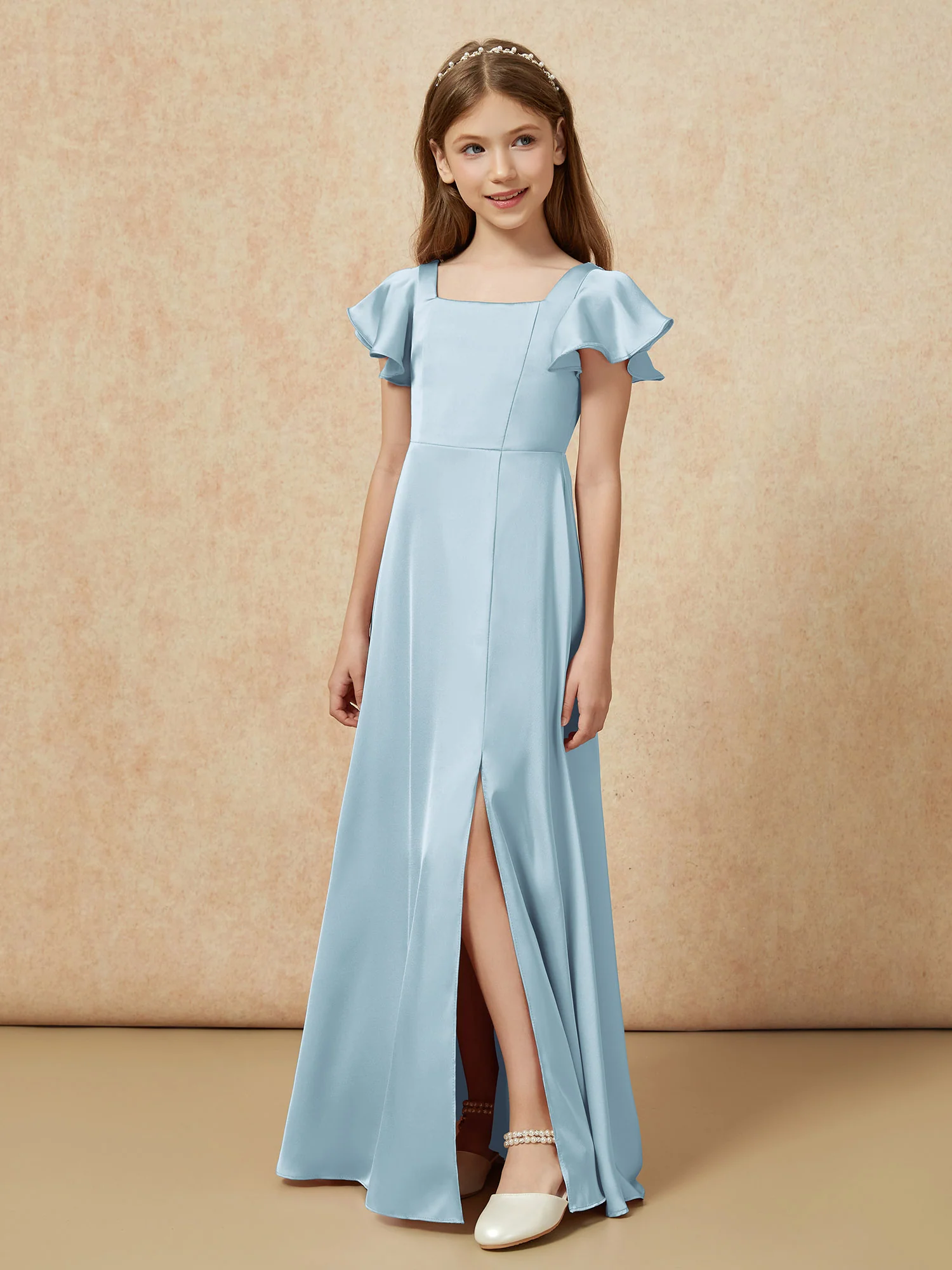 Square Neck Long Satin Junior Bridesmaid Dress Dusty Blue - Image 5