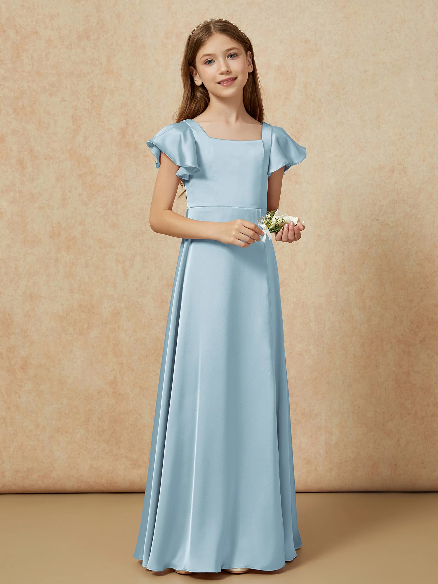 Square Neck Long Satin Junior Bridesmaid Dress Dusty Blue - Image 6