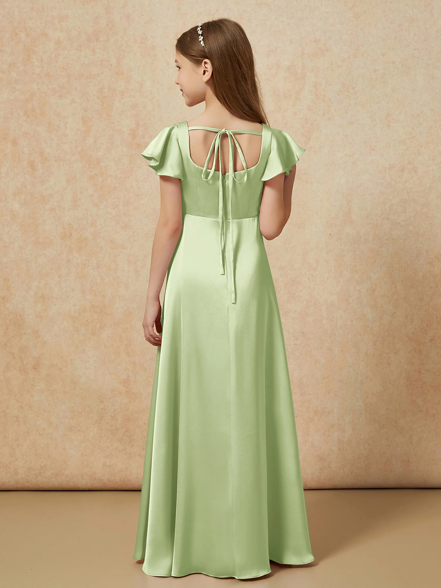 Square Neck Long Satin Junior Bridesmaid Dress Dusty Sage - Image 2