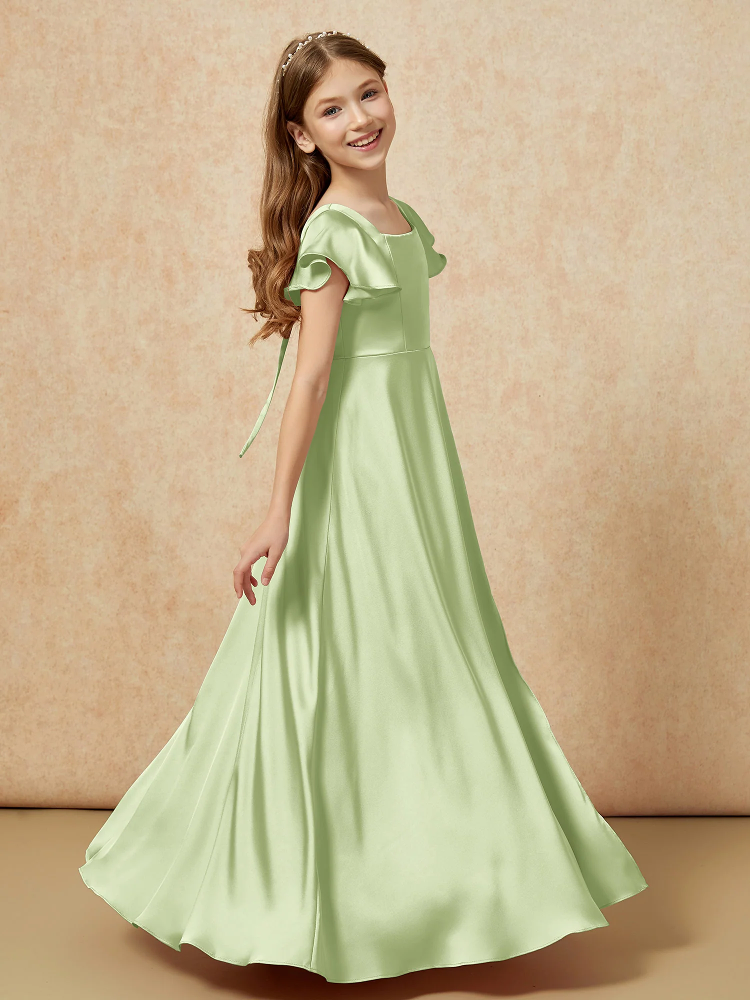 Square Neck Long Satin Junior Bridesmaid Dress Dusty Sage - Image 3