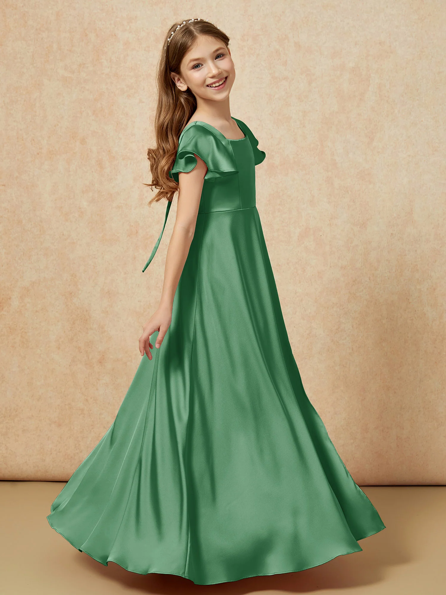 Square Neck Long Satin Junior Bridesmaid Dress Emerald - Image 3