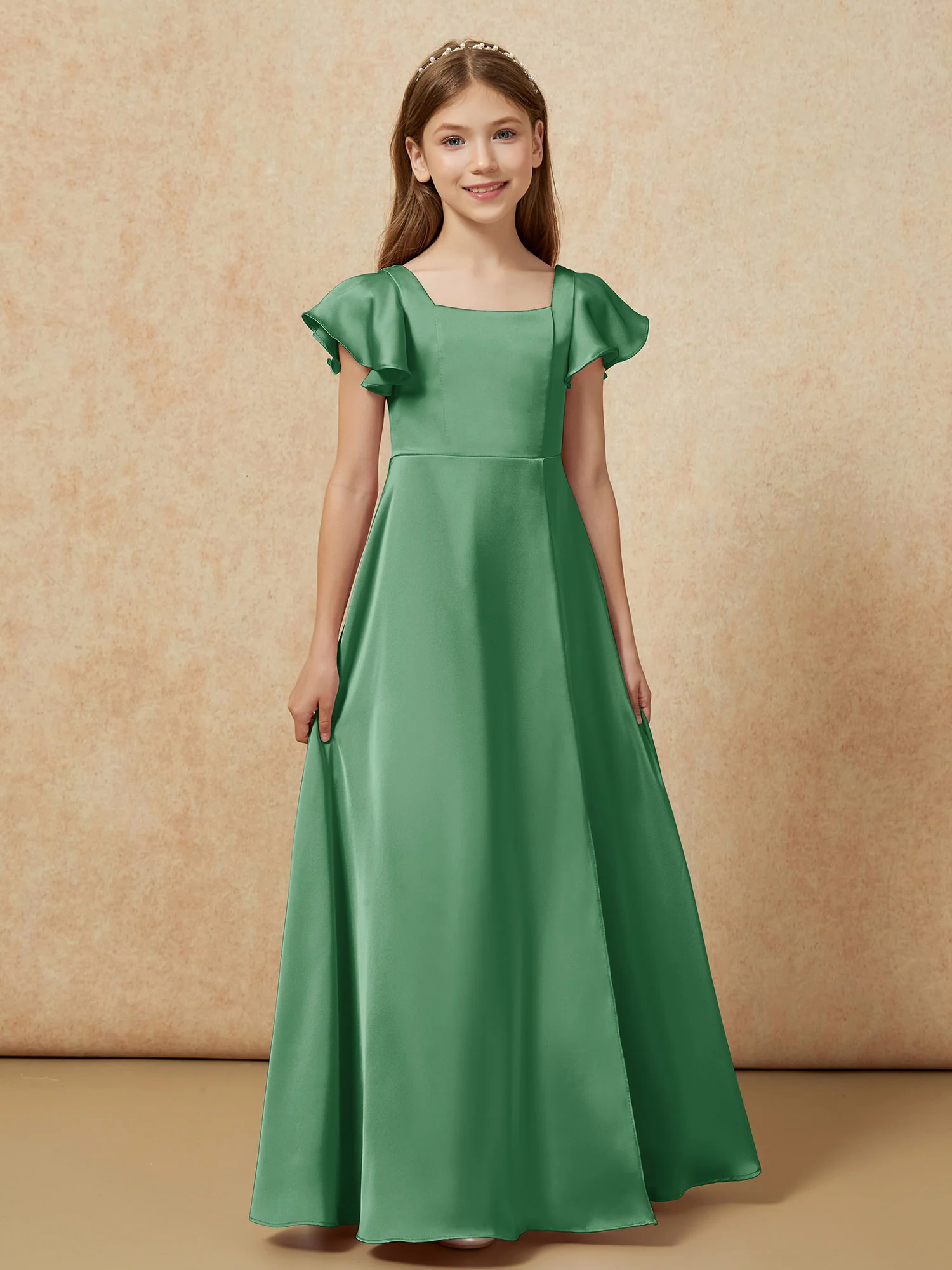 Square Neck Long Satin Junior Bridesmaid Dress Emerald - Image 4