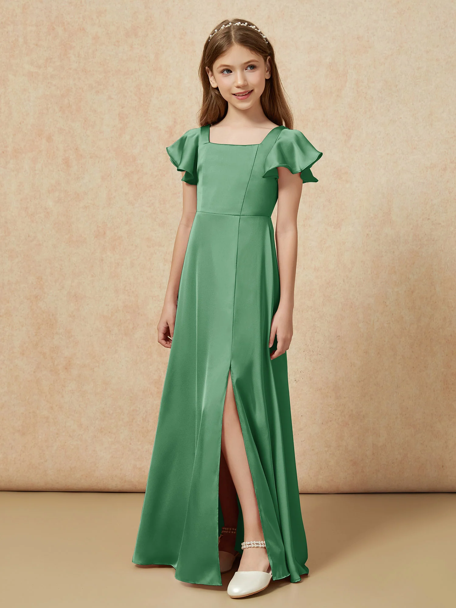 Square Neck Long Satin Junior Bridesmaid Dress Emerald - Image 5
