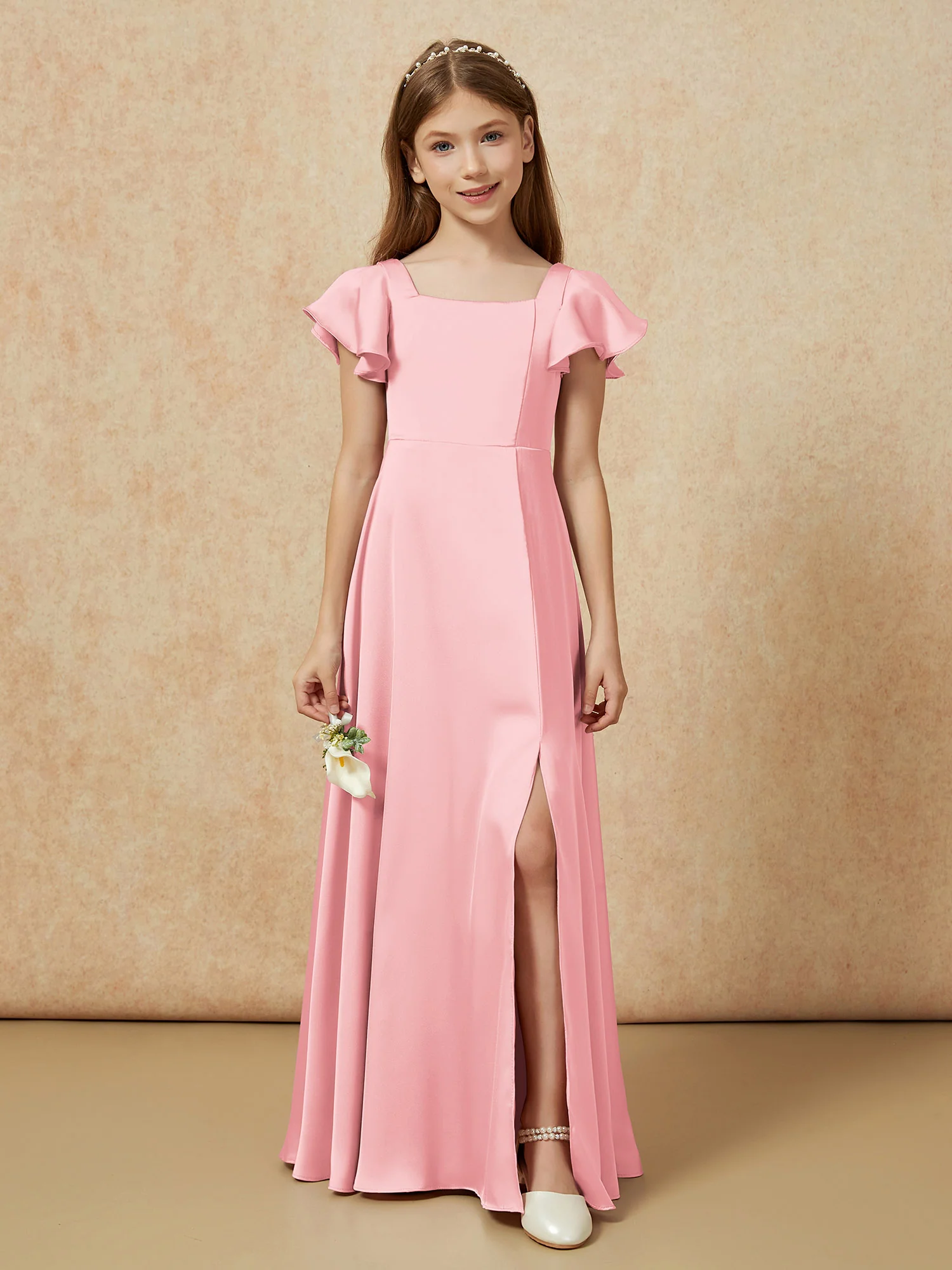 Square Neck Long Satin Junior Bridesmaid Dress Flamingo