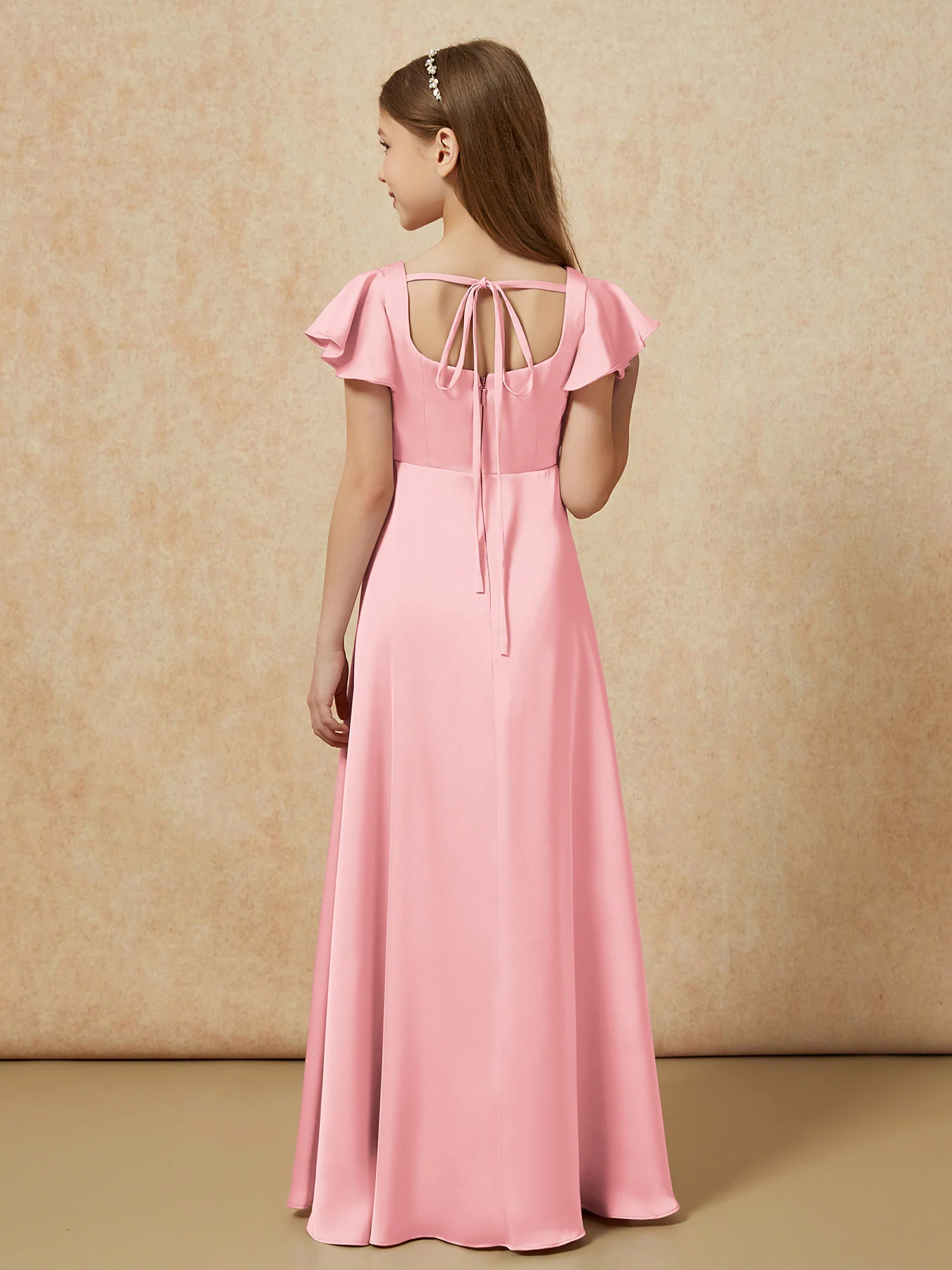 Square Neck Long Satin Junior Bridesmaid Dress Flamingo - Image 2