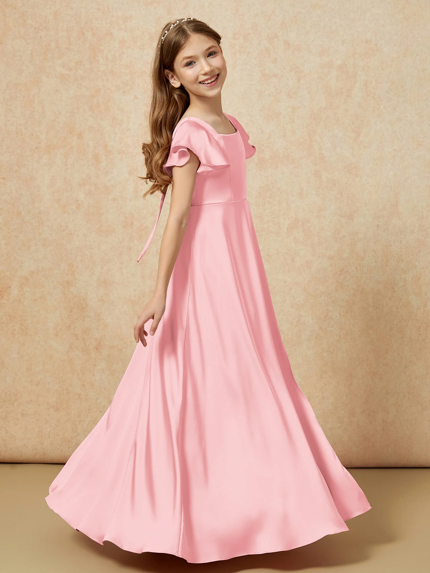 Square Neck Long Satin Junior Bridesmaid Dress Flamingo - Image 3