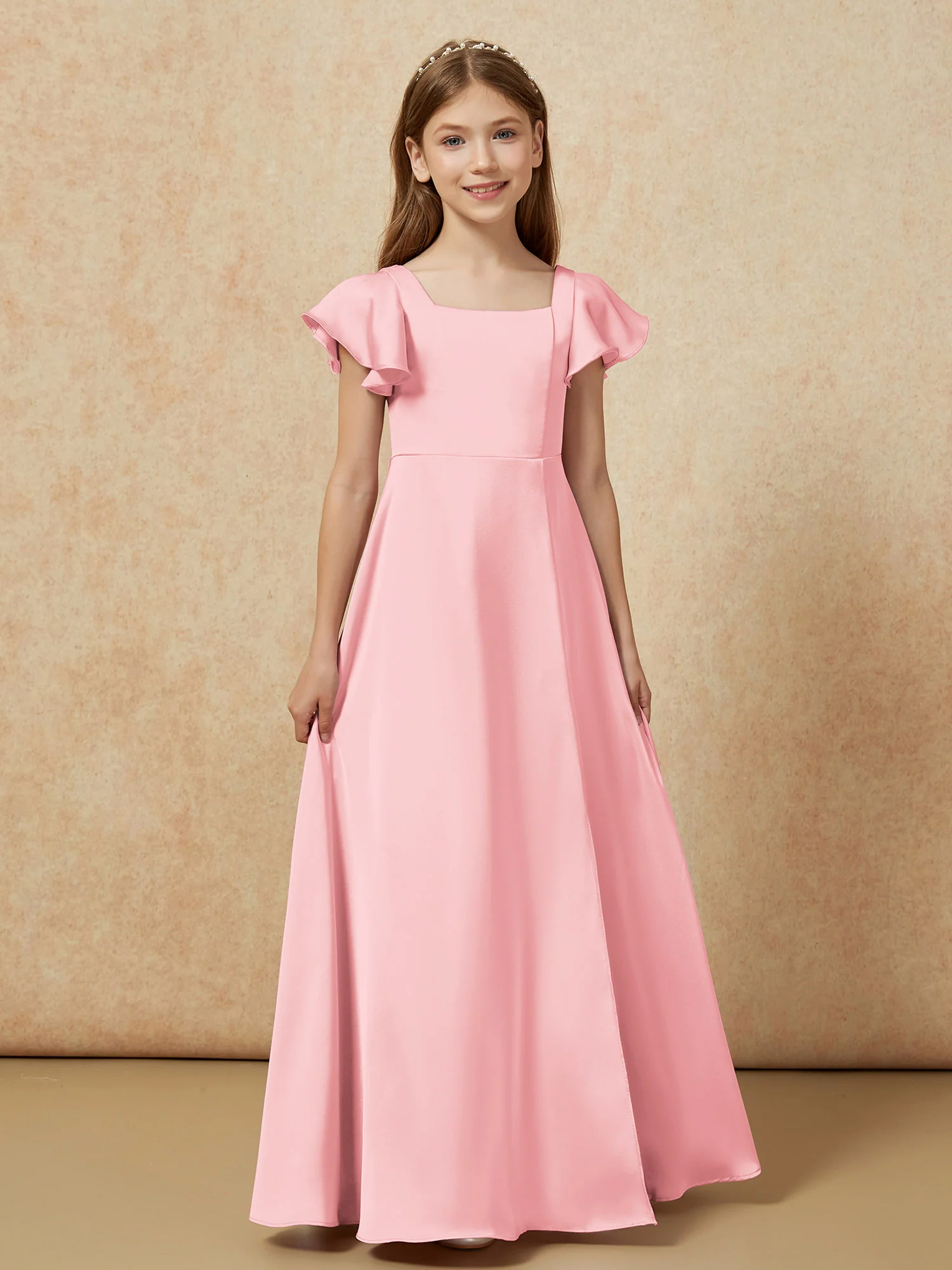 Square Neck Long Satin Junior Bridesmaid Dress Flamingo - Image 4