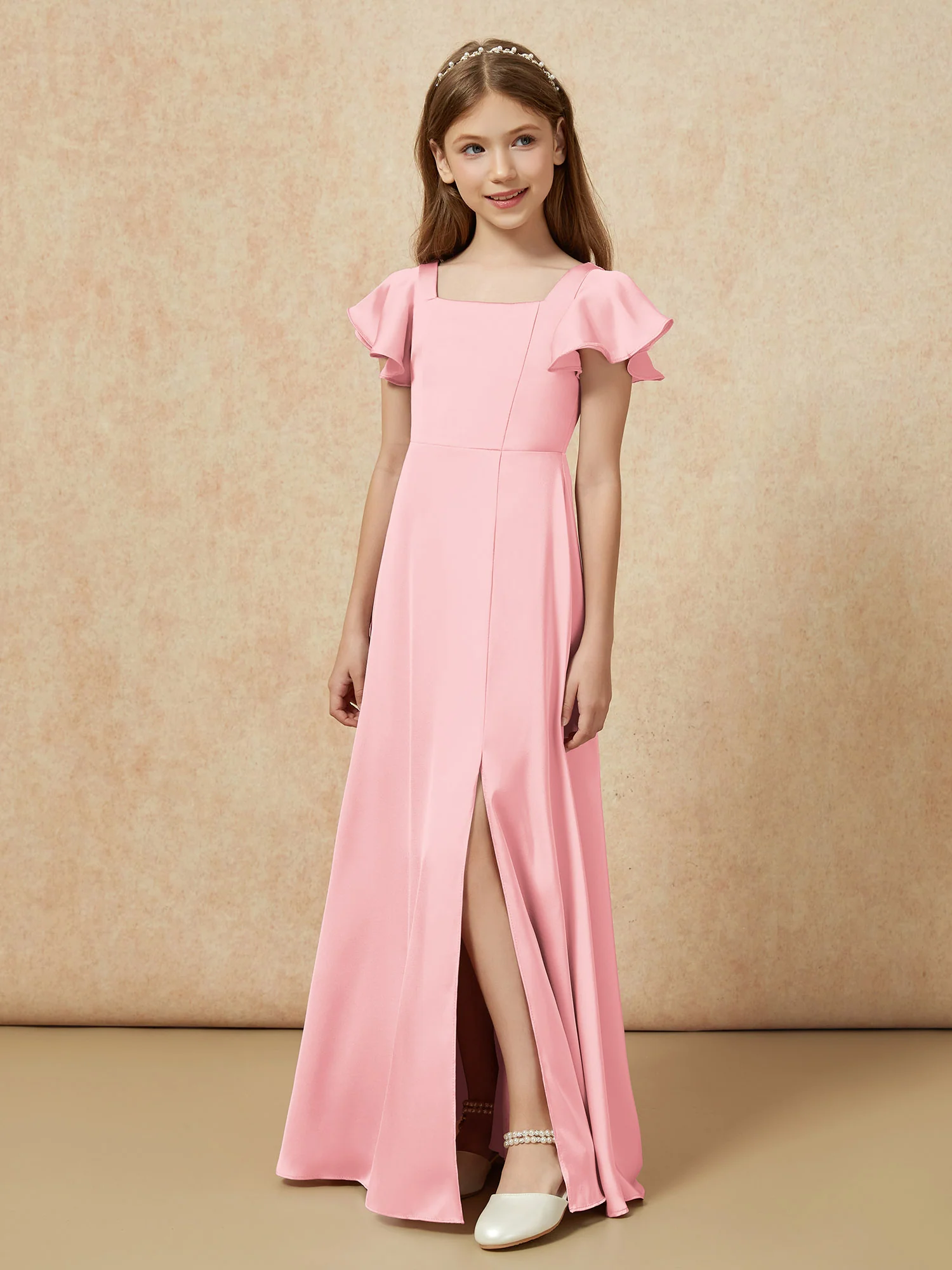 Square Neck Long Satin Junior Bridesmaid Dress Flamingo - Image 5