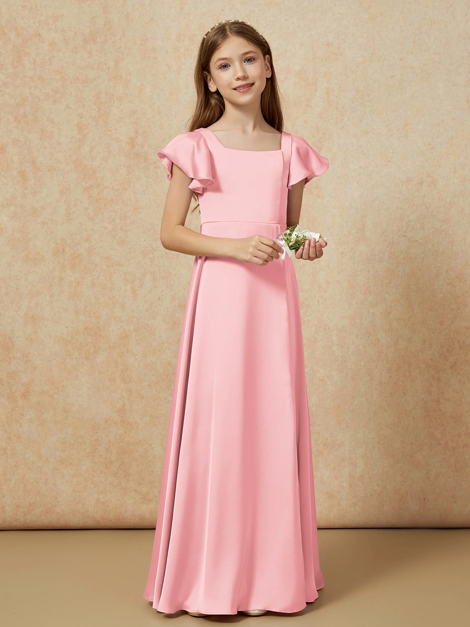 Square Neck Long Satin Junior Bridesmaid Dress Flamingo - Image 6