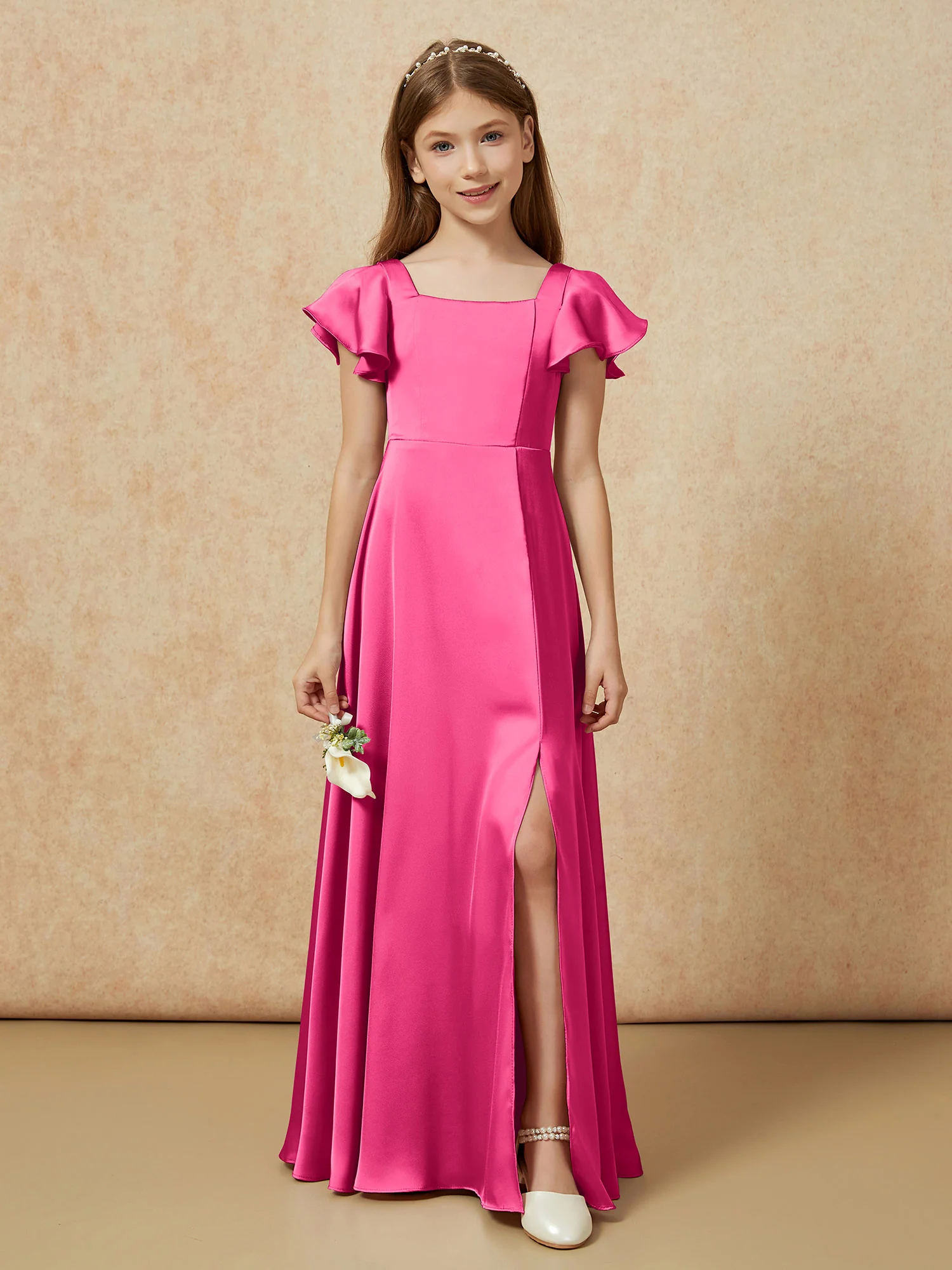 Square Neck Long Satin Junior Bridesmaid Dress Fuchsia