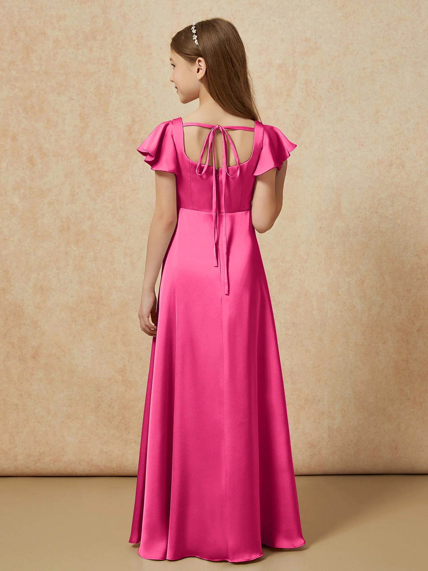 Square Neck Long Satin Junior Bridesmaid Dress Fuchsia - Image 2