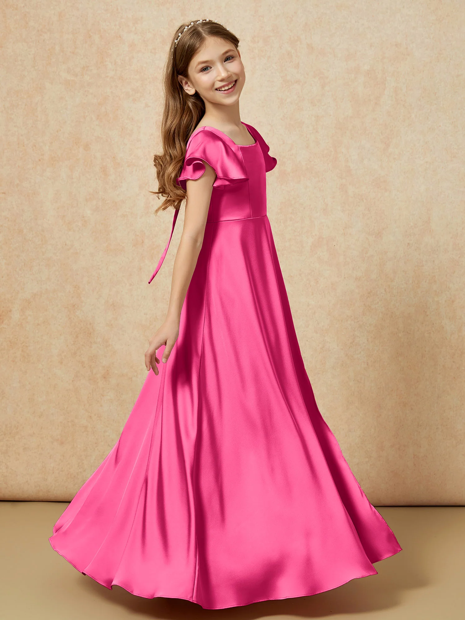 Square Neck Long Satin Junior Bridesmaid Dress Fuchsia - Image 3