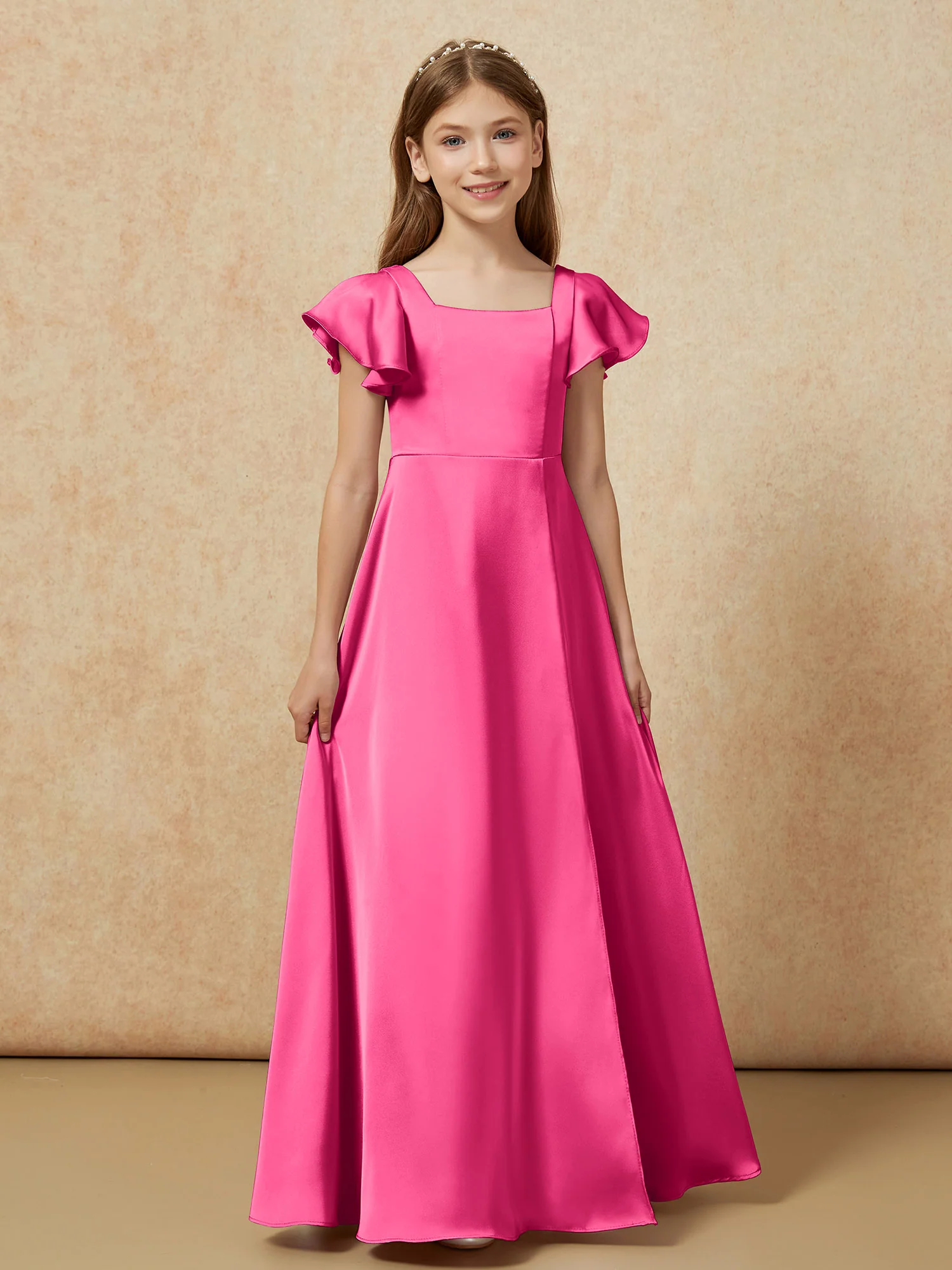 Square Neck Long Satin Junior Bridesmaid Dress Fuchsia - Image 4